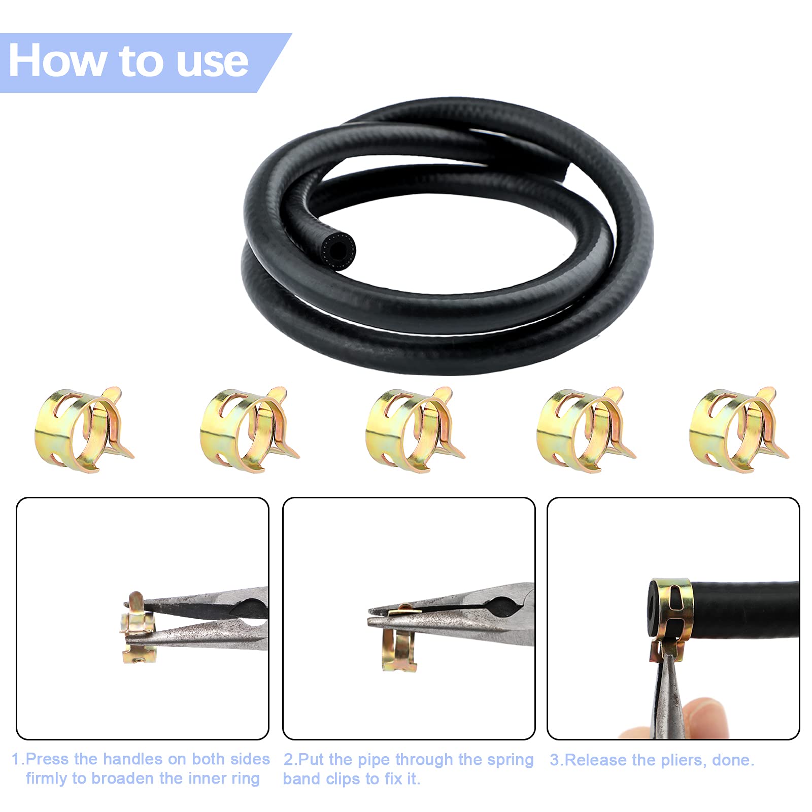 SAVITA 3.28 Ft 1/4 Inch ID Fuel Line Hose Kit with 5 Hose Clamps - Compatible with Motorcycles, Cars, Tractors & Small Engines - Durable Gasoline Fuel Pipe for Automotive Repair & Maintenance