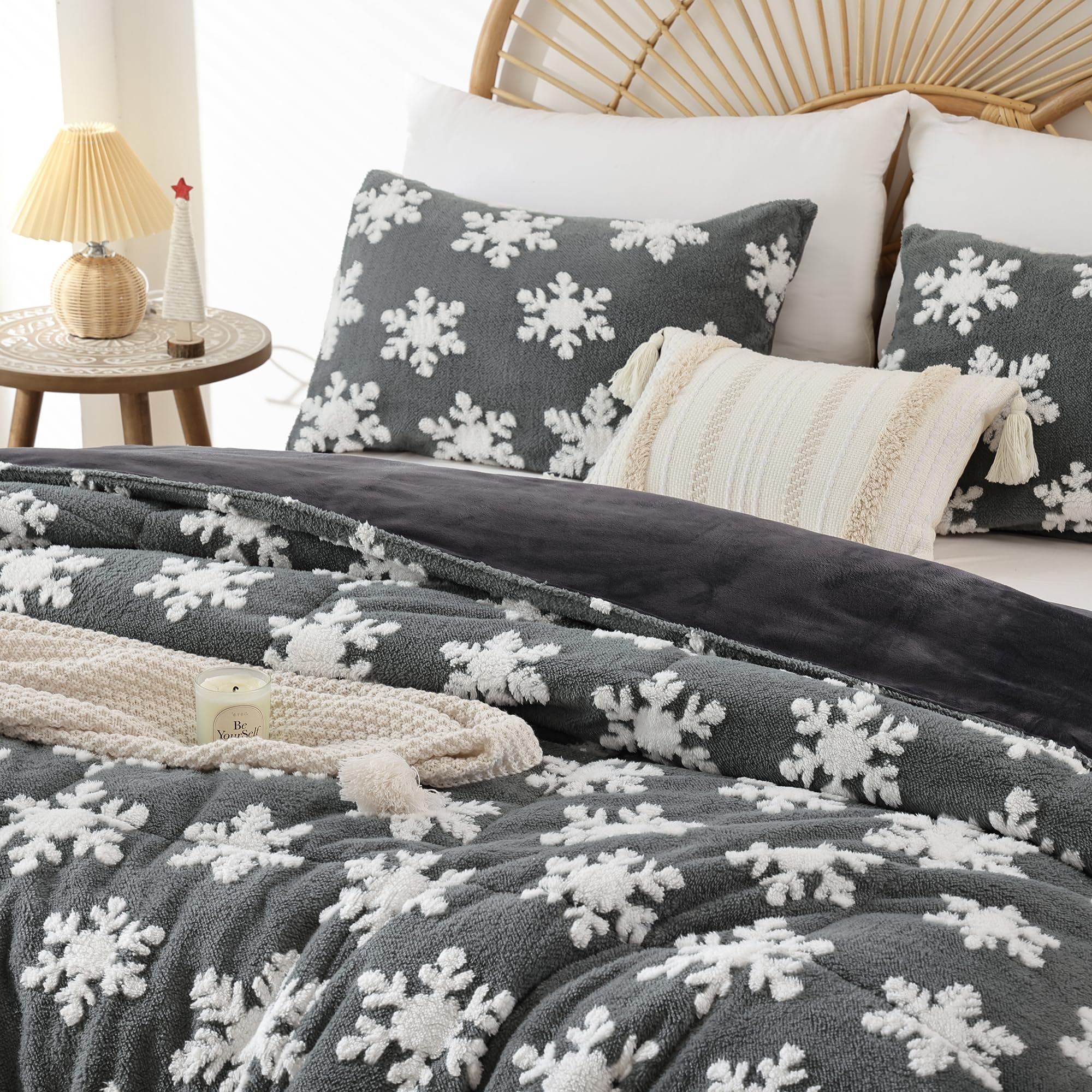 JANZAA Grey Velvet Christmas Comforter Set Queen - 3 Piece Soft Fluffy Bedding with White Snowflake Design for Holiday Decor & Cozy Winter Nights
