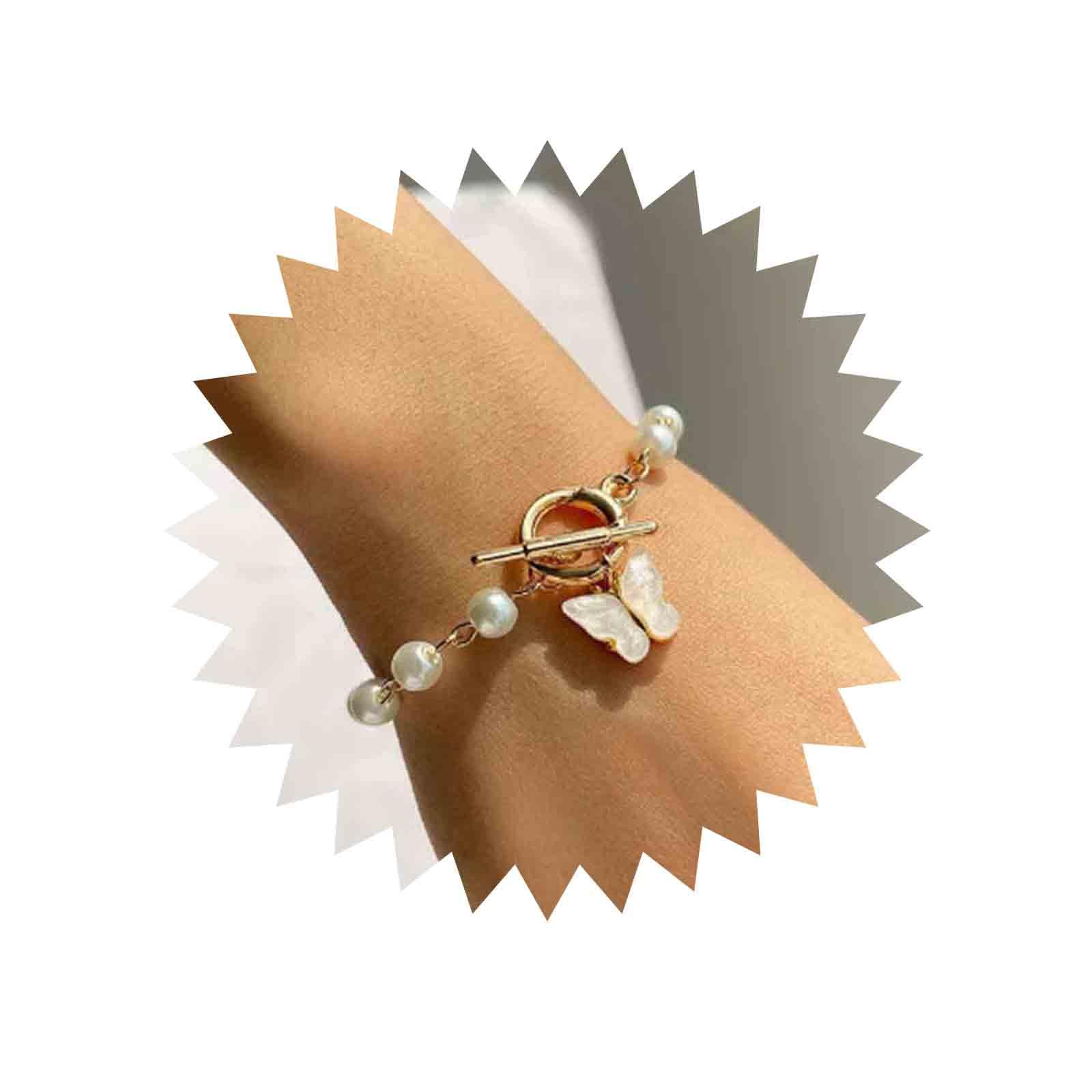 Bohemian Butterfly Dangle Bracelet - Gold Toggle Bar Charm Bracelet with Pearls for Women | Vintage Hand Chain Jewelry for Boho Party, Wedding & Everyday Wear