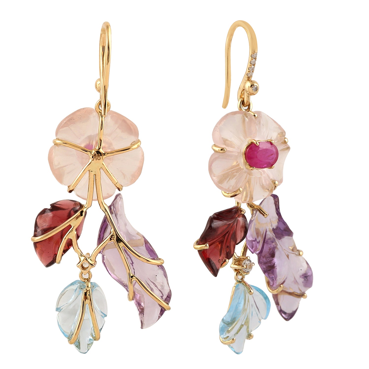 Exquisite Hand-Carved Ruby Sapphire Diamond Leaf Floral Dangle Earrings in 14K Yellow Gold | Elegant Hook Design for Women | Perfect for Weddings, Parties & Special Occasions