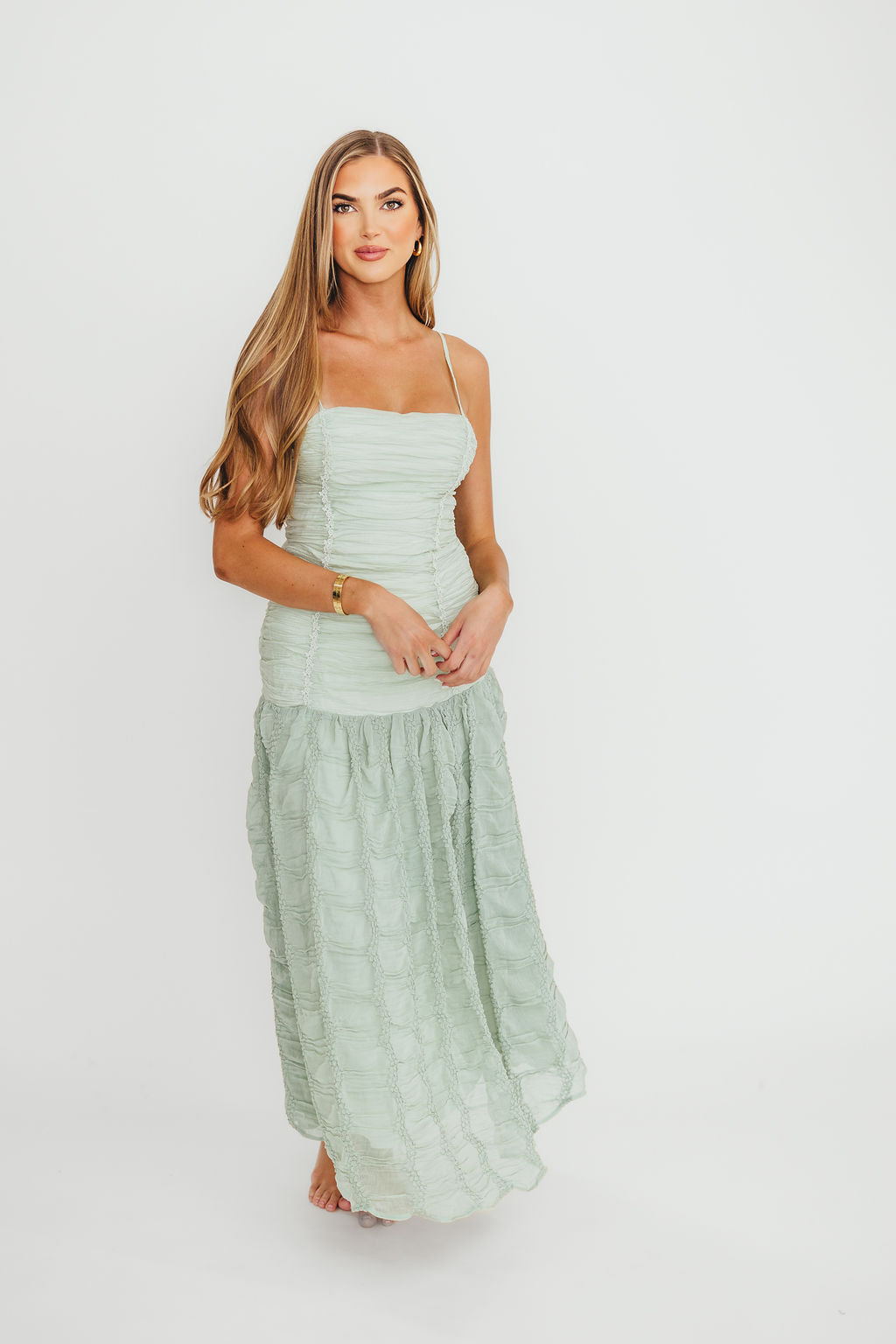 Rosie Ruched Maxi Dress in Mint Green - Elegant Flowy Long Dress for Women, Perfect for Weddings, Beach Vacations & Summer Parties
