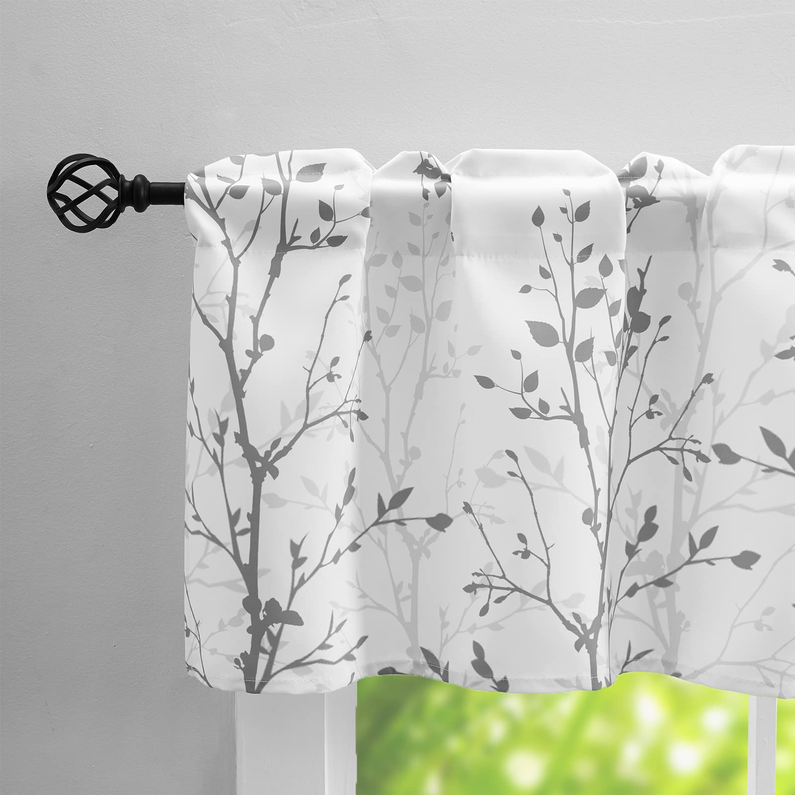 Luvyohmee Tree Branch Printed Window Valance - 18 Inch Long Grey Curtain Valance for Kitchen, Bathroom, Dining Room, Living Room, Bedroom & Kids Room - 2 Panels - Perfect for Farmhouse, Boho & Modern Home Decor