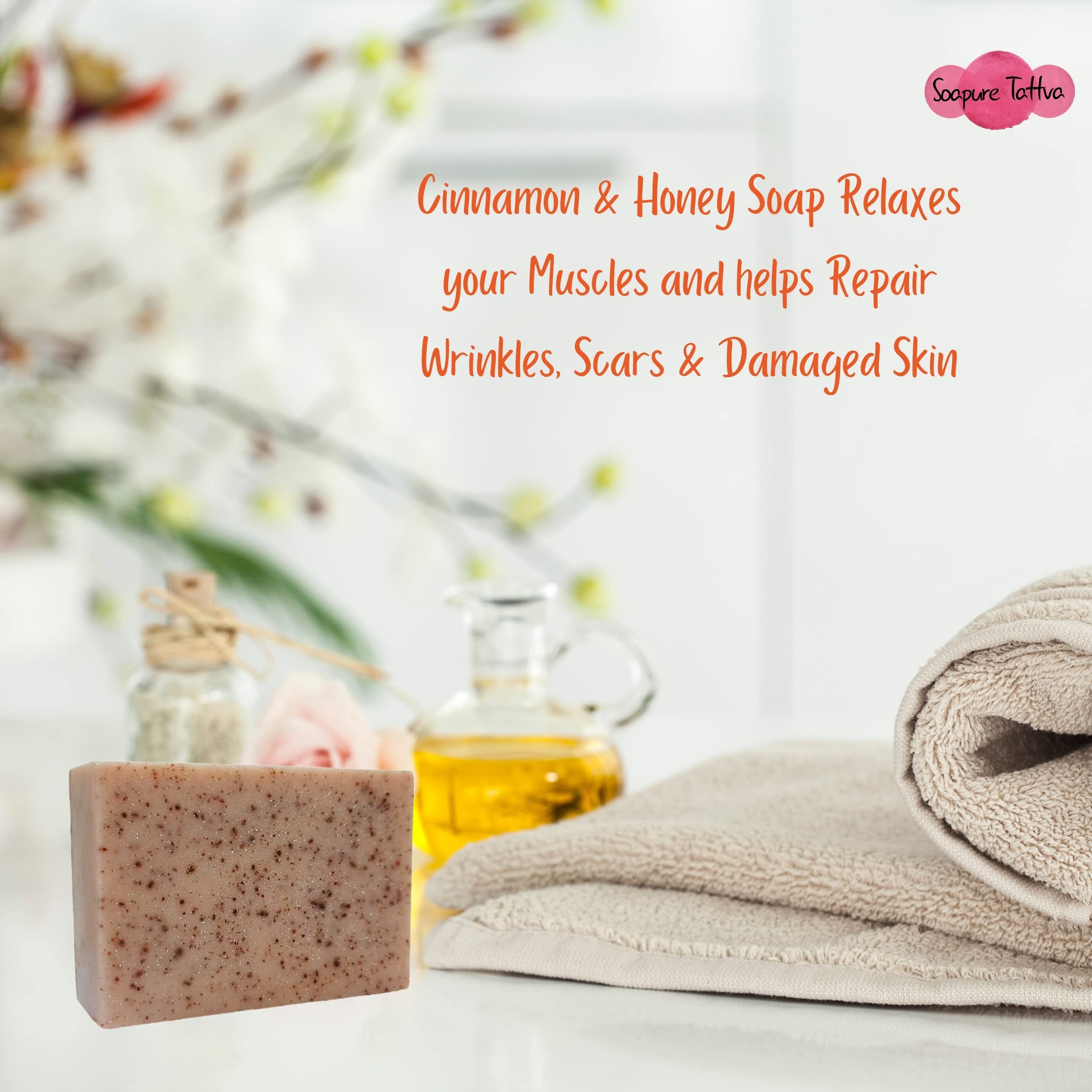 Soapure Tattva Cinnamon Honey Herbal Handmade Soap with Almond Oil - Natural Aroma for Fresh & Healthy Skin - 125g Bar Soap - Perfect for Daily Cleansing, Gift Sets & Spa Relaxation