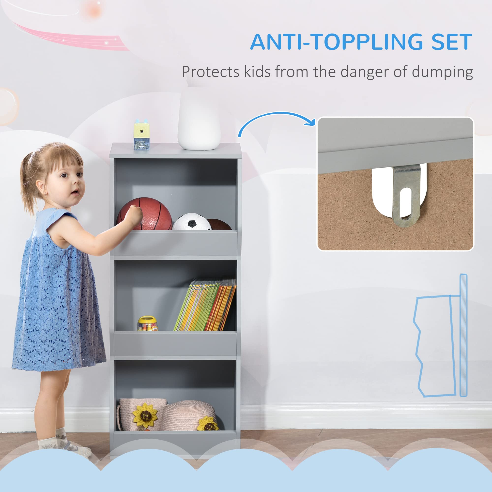 HOMCOM 3-Tier Kids Storage Cabinet with Anti-Tip Design, 35.5