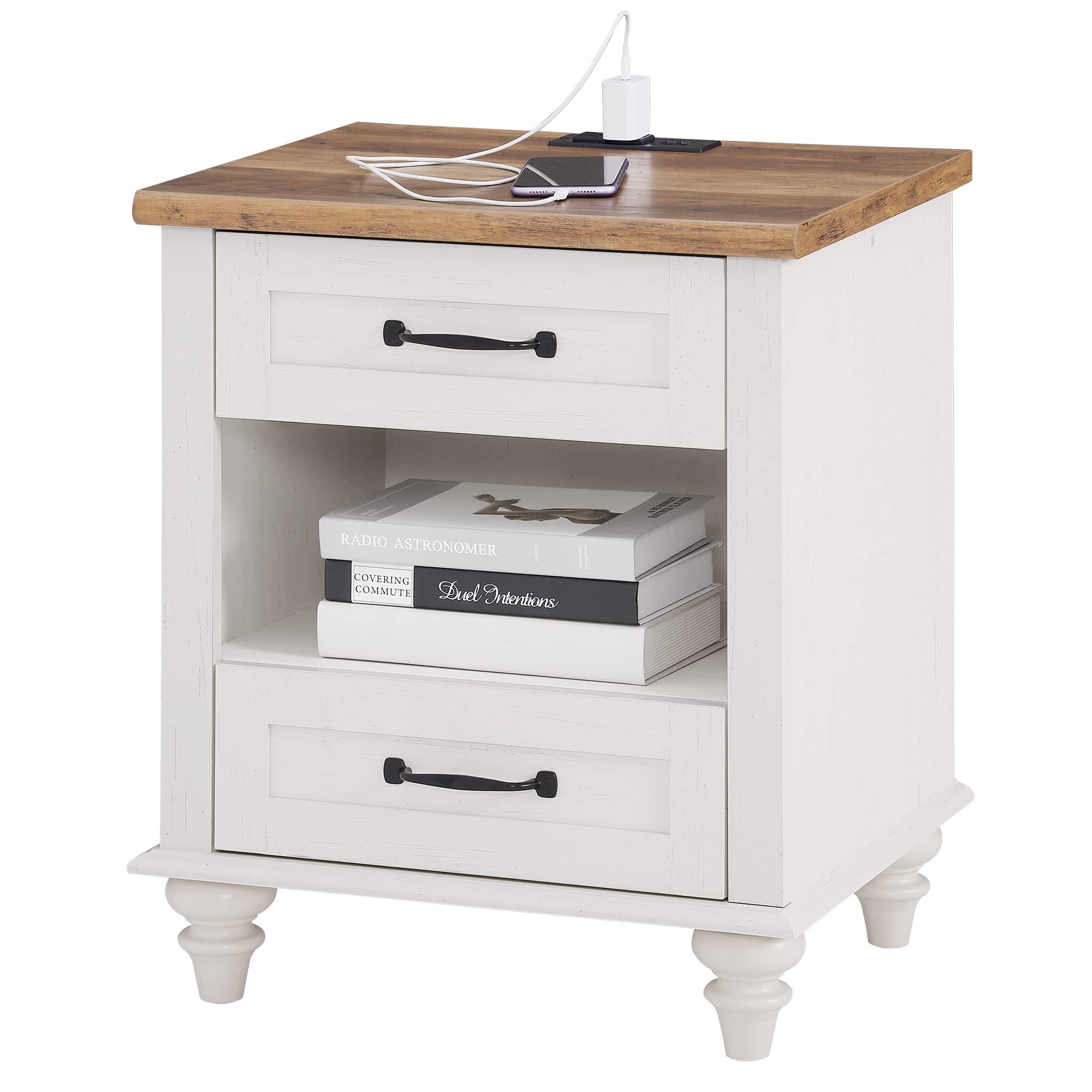 WAMPAT White Nightstand with USB Charging Station, 2 Drawers & Open Shelf - Mid-Century Modern Bedside Table with Solid Wood Legs for Bedroom, Living Room - Perfect for Small Spaces, Apartment Furniture & Home Office Organization