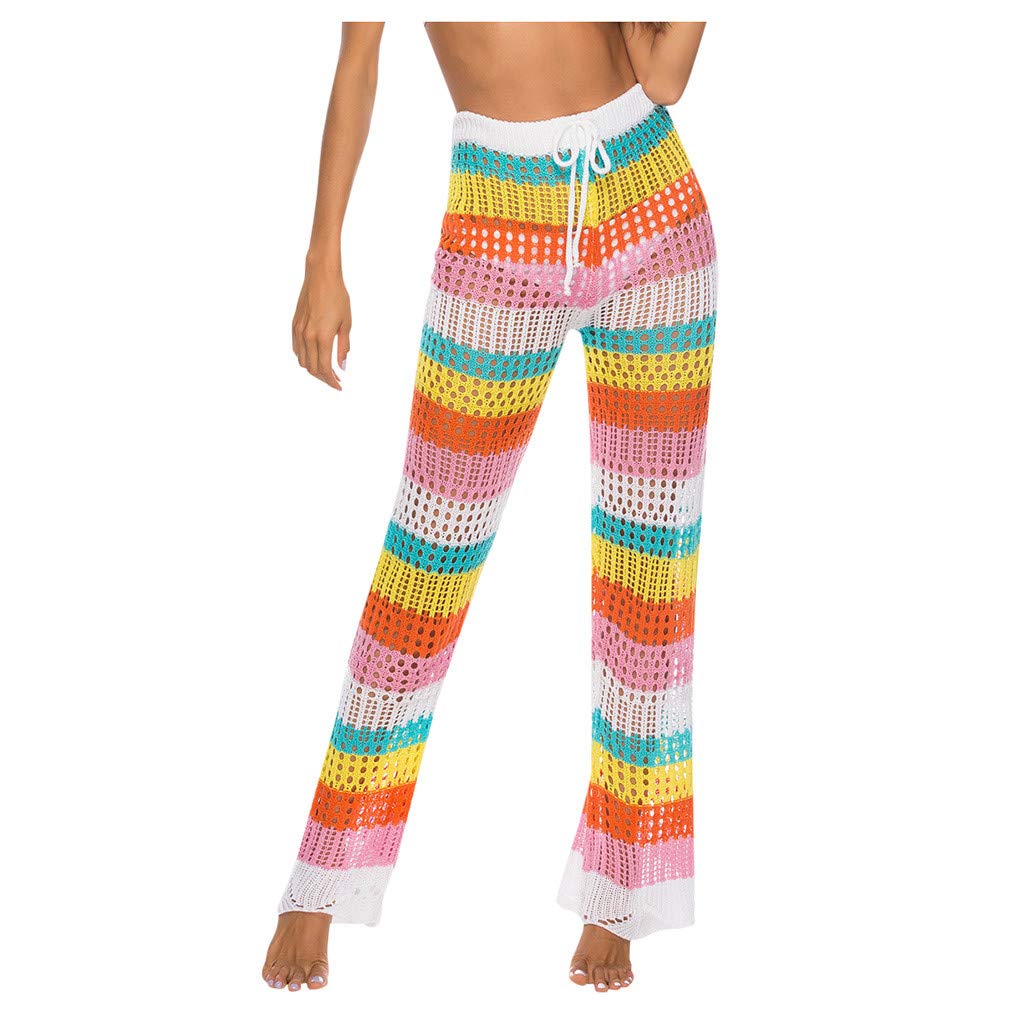 Women's Fashion Loose Rainbow Cutout Trousers - Floral Hook Design Yoga Pants for Women | Comfortable Stretchy Lounge Pants for Yoga, Workout & Casual Wear
