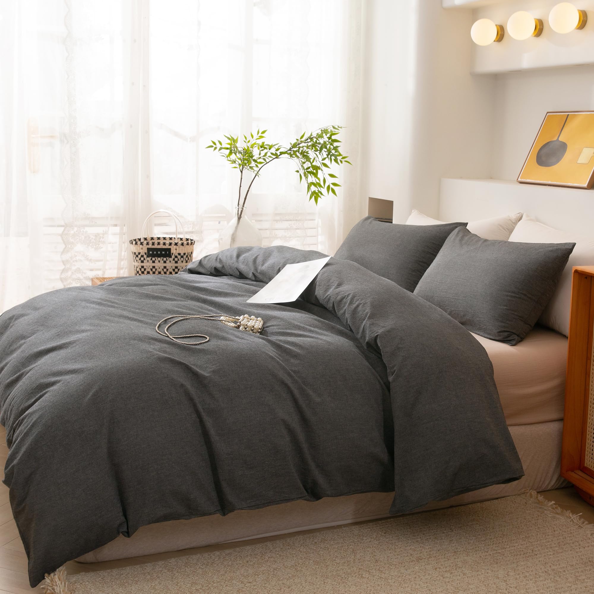 ECOCOTT King Size Grey Duvet Cover Set - 100% Washed Cotton, Ultra Soft & Breathable with Zipper Closure & 2 Pillowcases - Easy Care Simple Style Bedding for Cozy Sleep (Dark Grey) - Perfect for Master Bedroom, Guest Room & Airbnb