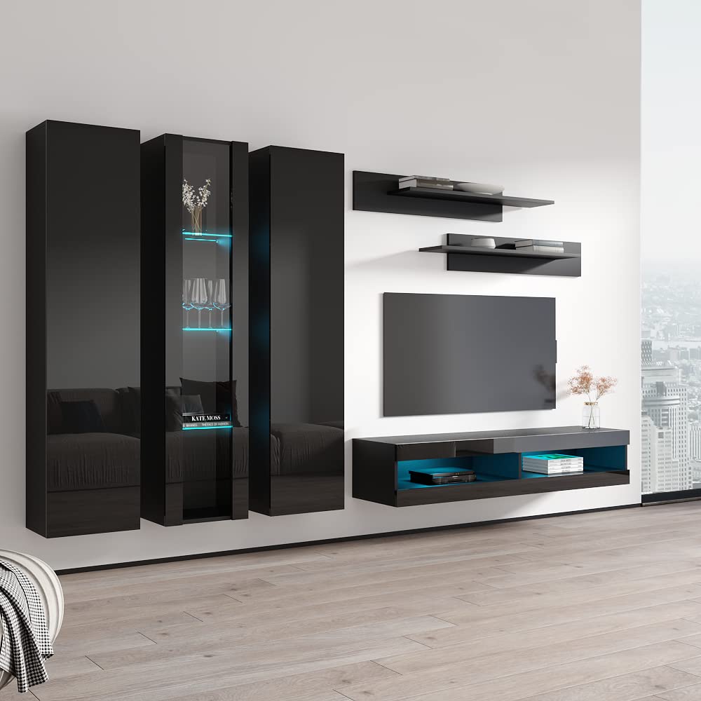 Modern Wall-Mounted TV Stand with Storage Shelves & LED Lights - 34