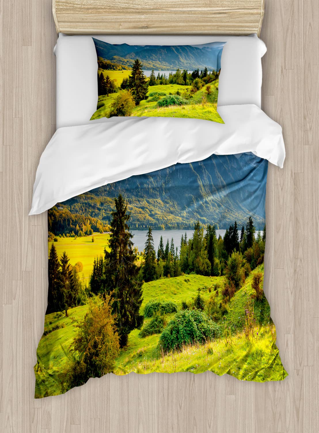 Ambesonne Landscape Duvet Cover Set - Summer Morning at Bohinj Lake Slovenia National Park Nature Design | 2-Piece Twin Size Bedding Set with 2 Pillowcases | Green Blue Yellow Bohemian Style | Perfect for Guest Rooms, Vacation Homes & Nature-Themed Bedrooms