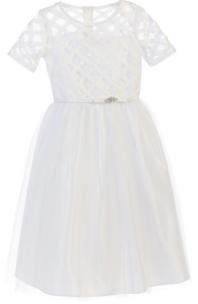 Little Girls' Cross Hatch Brooch Pin for Communion - Floral Embellished Dresses for Special Occasions | Perfect for First Communion, Baptism, and Church Events
