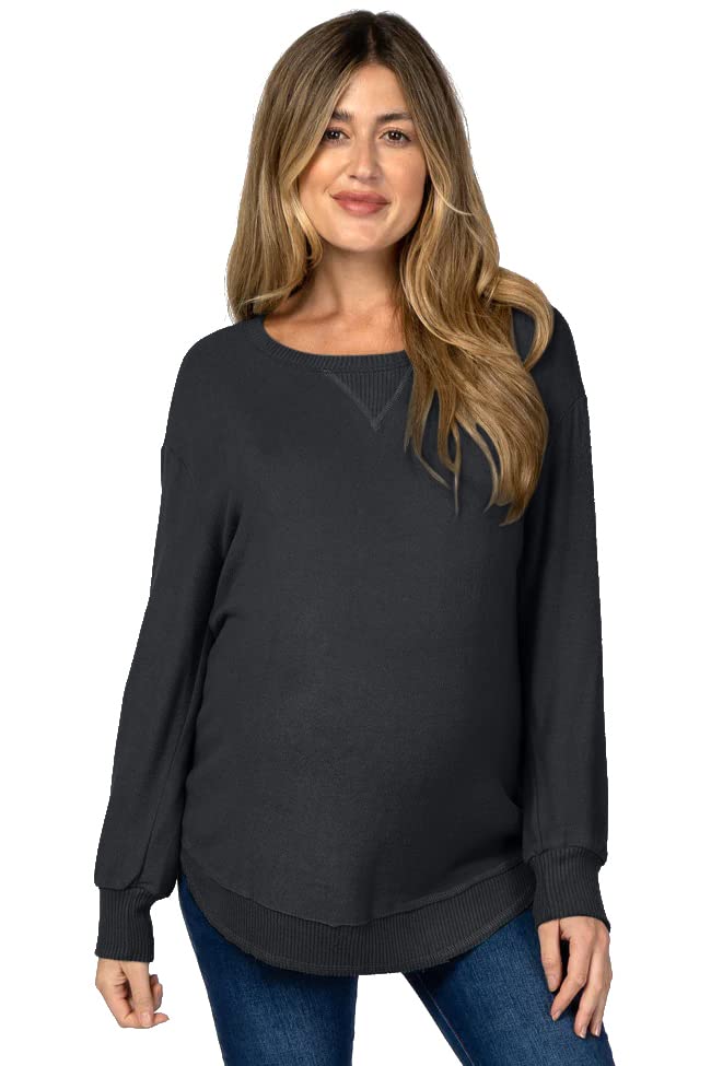 Ultra-Soft Lightweight Stretch Long Sleeve Maternity Shirt with Round Hem - Brushed Knit Maternity Sweater for Pregnant Women | Comfortable Nursing Top for Work & Casual Wear