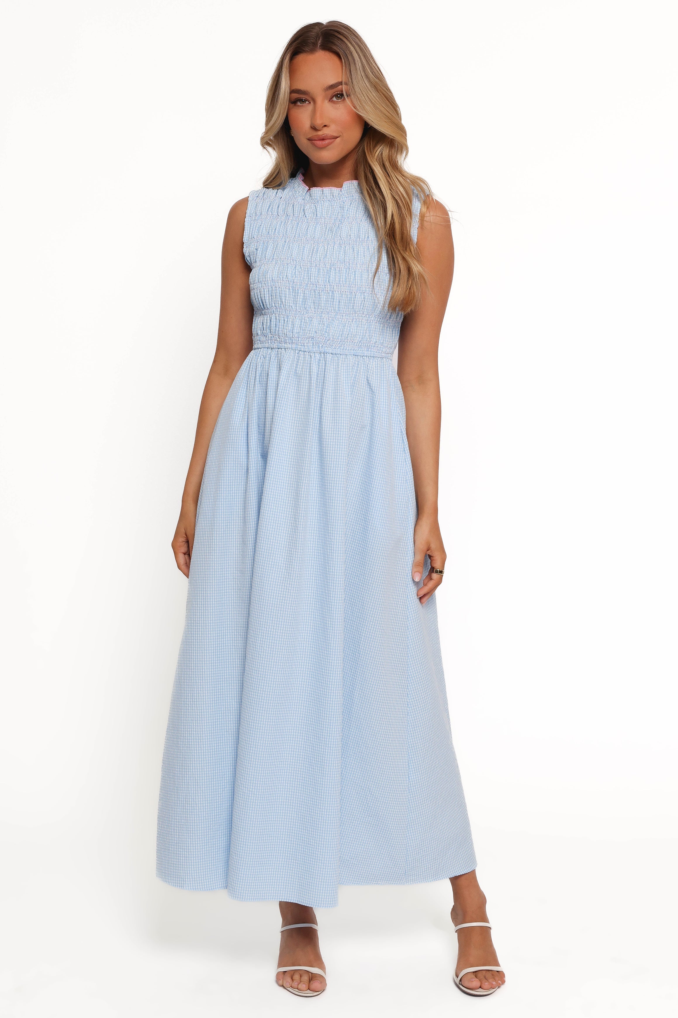 Lanna Maxi Dress - Blue Gingham Floral Print Long Summer Dress for Women | Beach Vacation, Garden Party & Casual Outfit