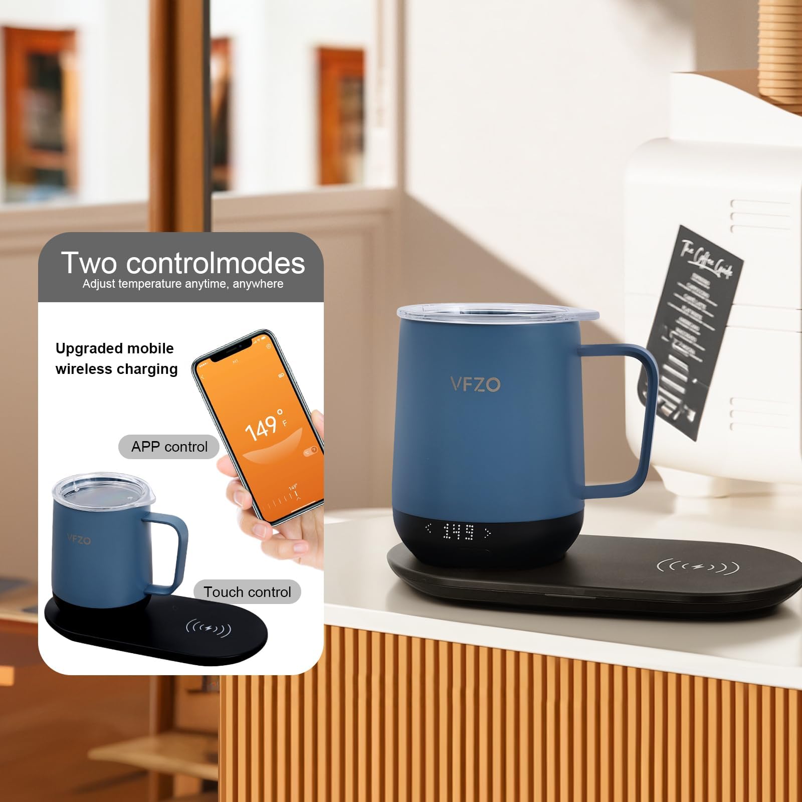 Smart Self-Heating Coffee Mug with Temperature Control & LED Display - 12oz Slate Blue, 180 Min Battery Life, Fast Wireless Charging Base (Keeps Coffee Hot up to 149℉) - Perfect for Office, Travel & Home Use