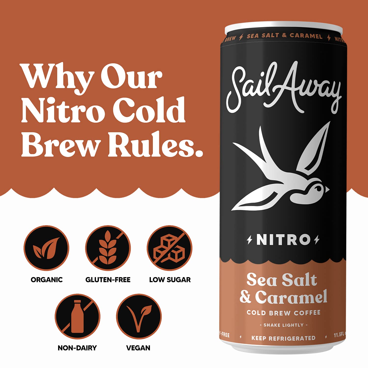 Nitro Cold Brew Coffee Cans - Low Acid Coffee Beverage with Nitrogen Infusion | 220mg Caffeine, Gluten Free, Organic, Keto Friendly, Sea Salt & Caramel Flavored (24 Pack) - Perfect for Office, Gym & Outdoor Adventures