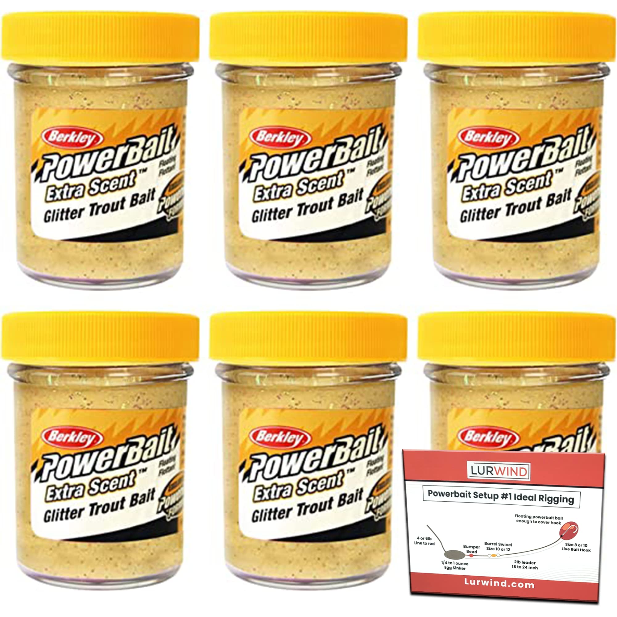 Lurwind Berkley PowerBait Yellow Glitter Trout Dough Bait Bundle - 6-Pack with Free Rigging Guide | Floating Trout Bait for Freshwater & Saltwater Fishing | Premium Trout Attractors for Lakes, Rivers & Ponds | Ideal for Rainbow, Brown & Brook Trout