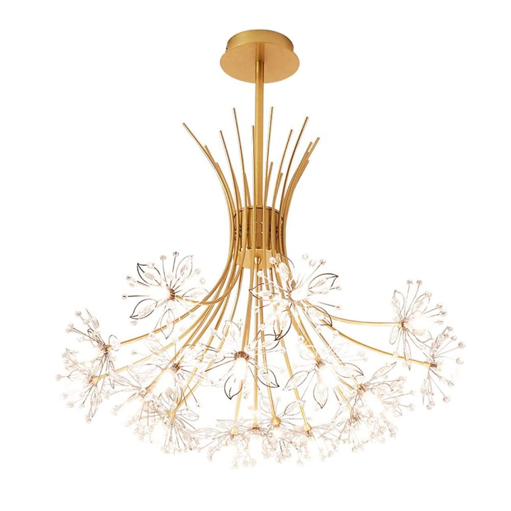 Modern Crystal Chandelier - Fireworks LED Pendant Light with Dandelion Flower Design - 13-Light Gold Ceiling Fixture for Living Room, Restaurant, Bedroom & Kitchen - Perfect for Dining Areas, Entryways and Home Decor