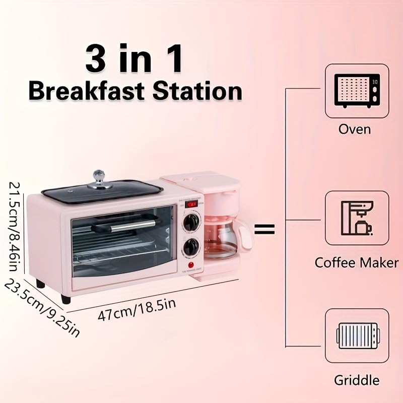3-in-1 Breakfast Station with Coffee Maker, 9L Multifunctional Toaster Oven Combo - Includes Coffee Machine, Non-Stick Griddle & 4-Slice Toaster | Perfect for Small Kitchens, Dorms & Quick Breakfasts | Compact Pink Appliance with Timer for Home & Office Use