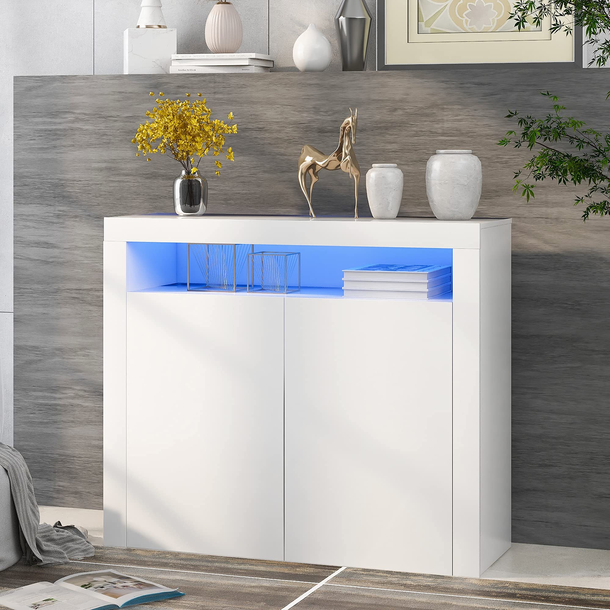 Modern LED Buffet Sideboard with 16 Color Lights & Remote Control - High Gloss 2-Door Storage Cabinet Console Table for Living Room, Kitchen, Entryway - Perfect for Dining Room Storage, Home Decor & Party Lighting