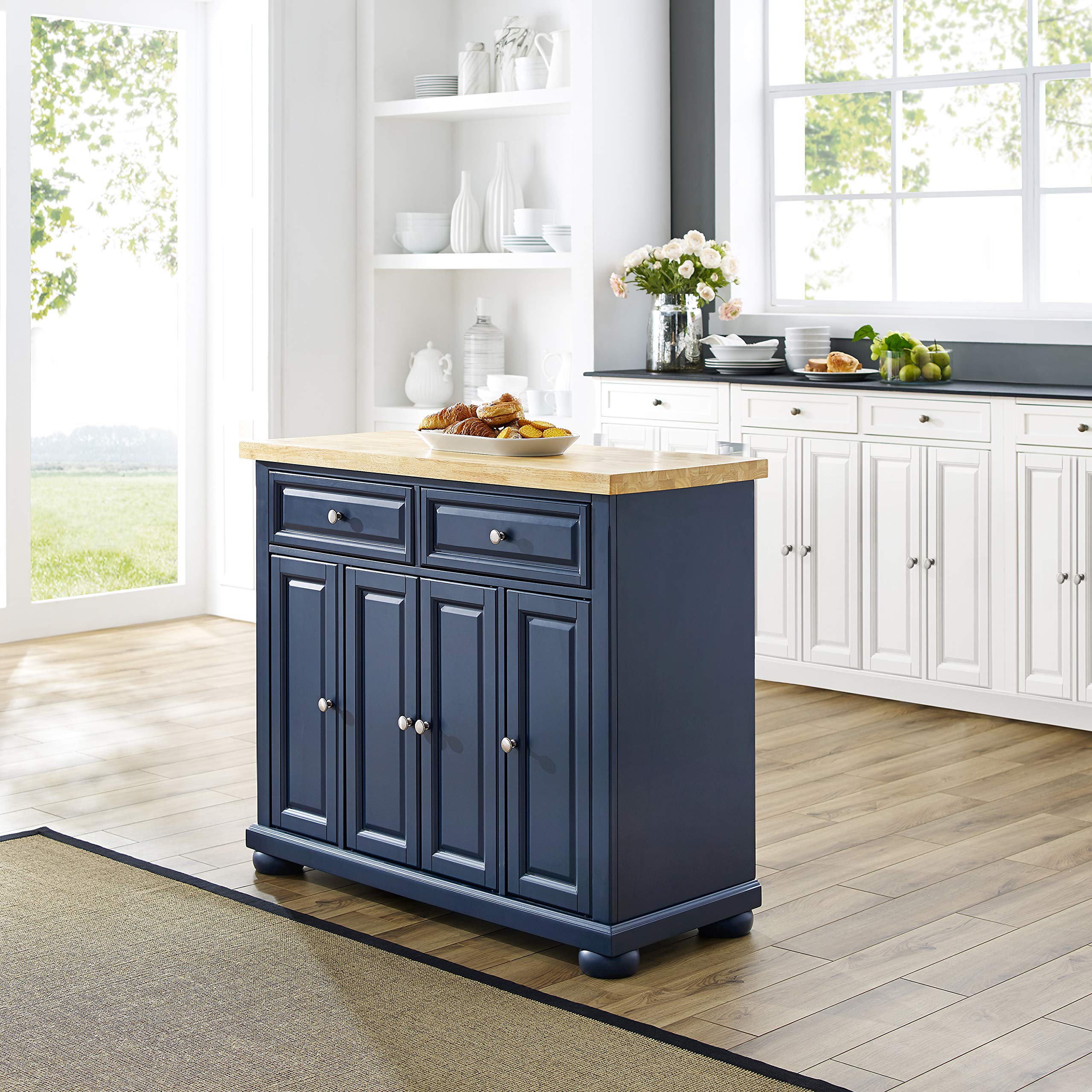 Crosley Furniture Madison Kitchen Island with Storage Shelves & Drawers - Microwave Stand, Coffee Bar Organizer - Navy Blue for Modern Farmhouse & Small Kitchen Spaces