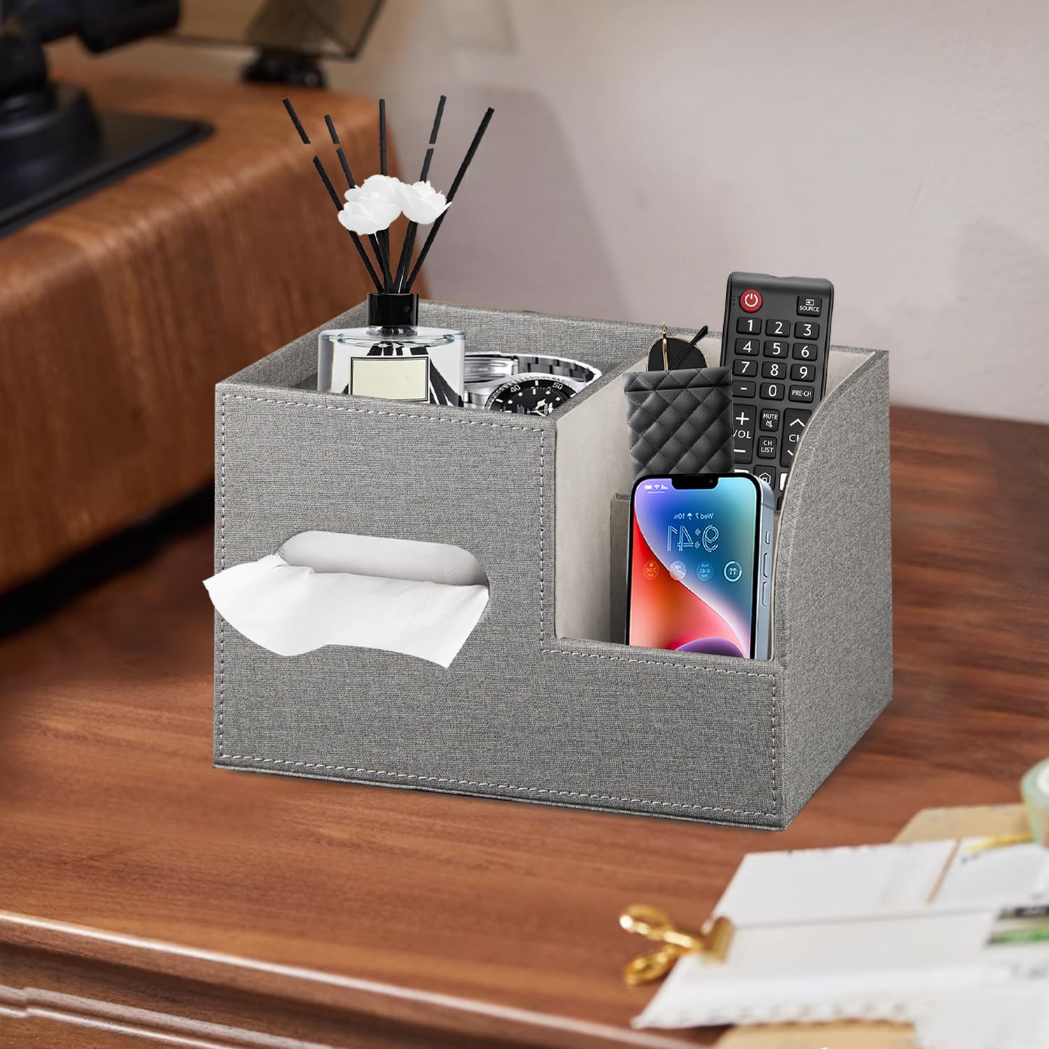 Square Tissue Box Cover with Storage Tray - Modern Decorative Cube Tissue Holder & Remote Control Organizer for Bathroom, Vanity, Nightstand - Perfect for Home & Office Use