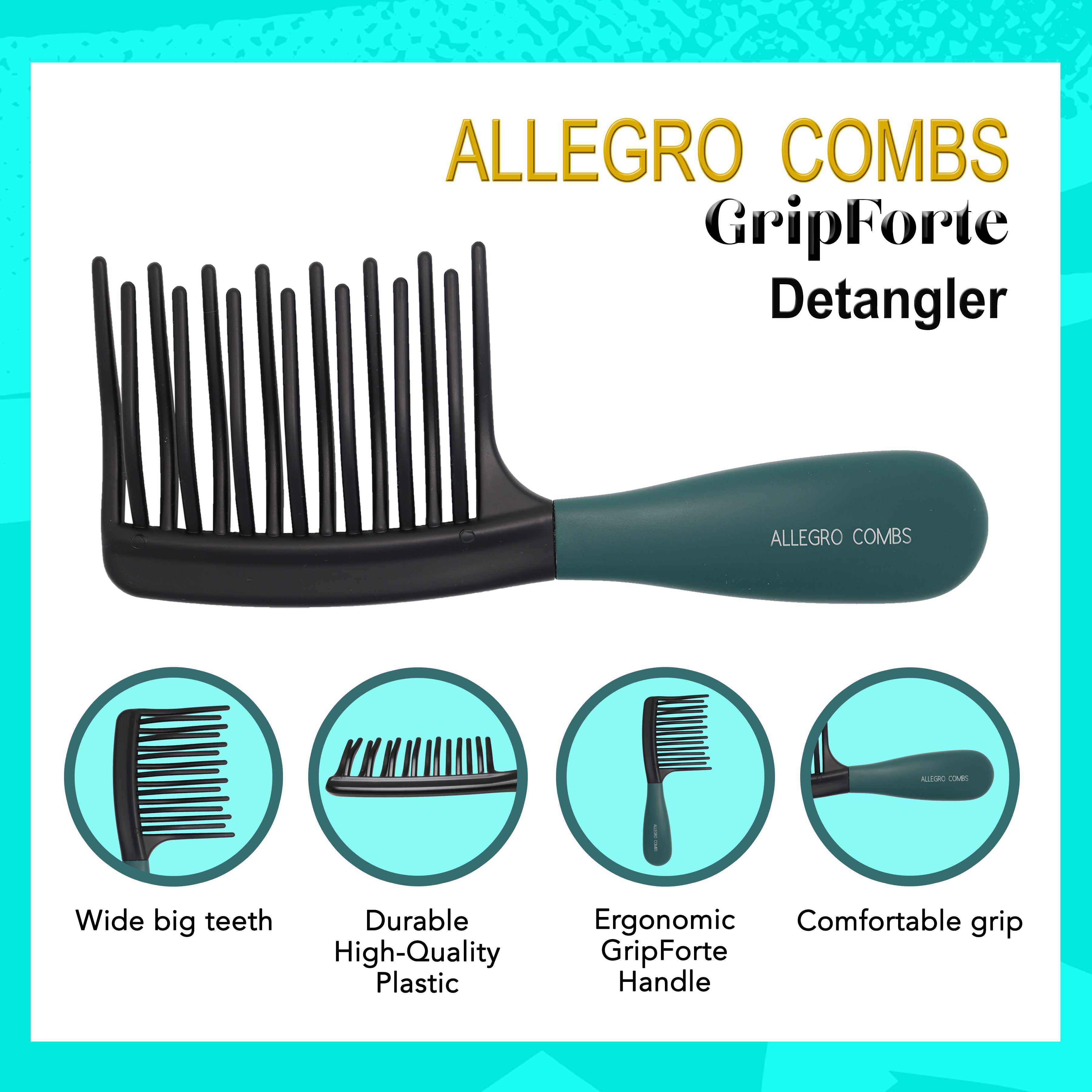Allegro Gripforte Wide Tooth Detangling Comb for Curly & Wavy Hair - Gentle Hair Brush for Women - Perfect for Wet Hair, Thick Hair & Daily Styling
