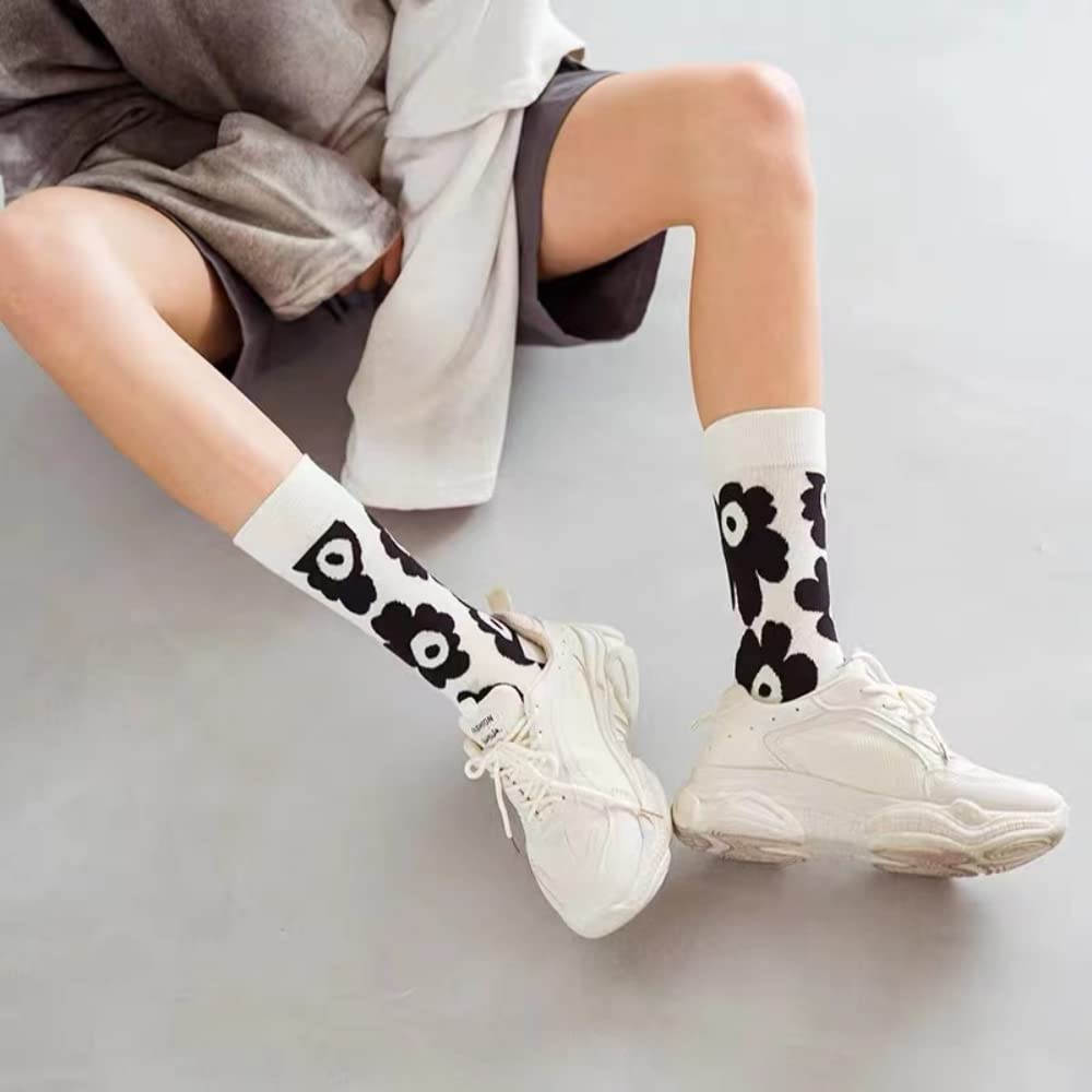 Women's Black and White Cow Print Crew Socks - Soft Cotton Novelty Embroidery Socks for Women & Girls - Fun Casual Socks for Everyday Wear - Perfect Gift for Animal Lovers (Office, Home, Gym, Travel)