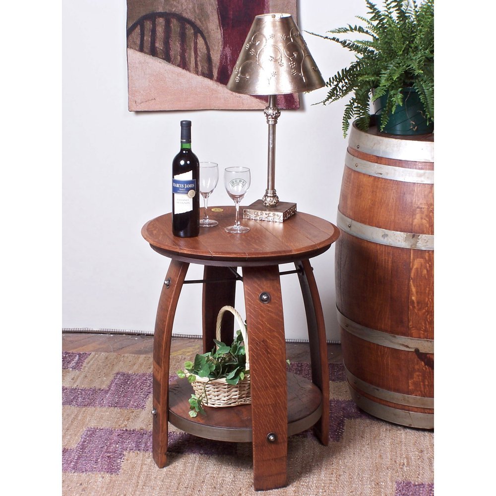 Reclaimed Wine Barrel Side Table with Shelf - Rustic Wood Nightstand for Living Room, Bedroom & Patio - 2 Day Designs Eco-Friendly Furniture
