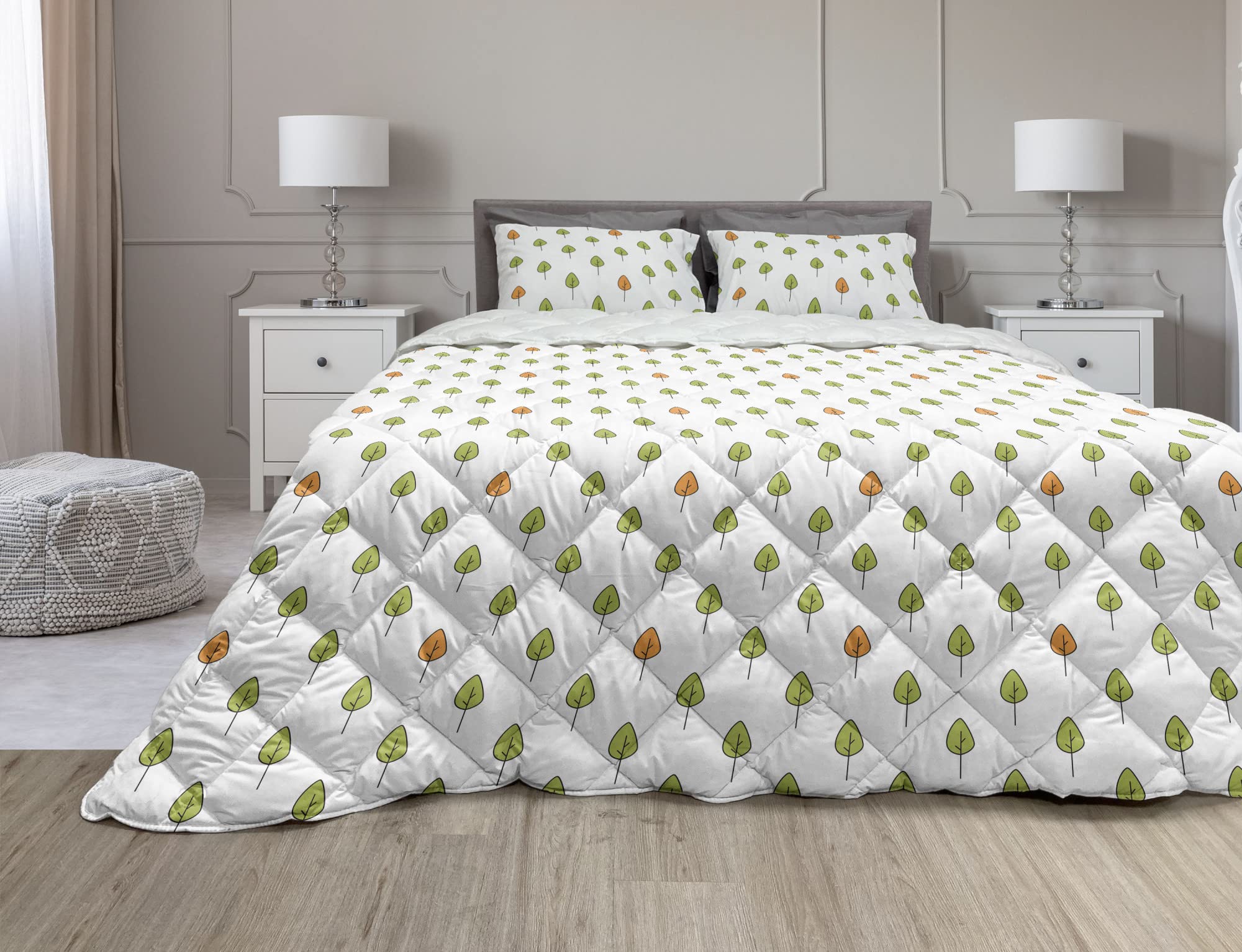 Ambesonne Green and Brown Comforter Set with Hand-Drawn Leaf Motifs - 2 Piece Microfiber Duvet Cover & Sham, Twin Size in Pale Olive Green & Apricot | Perfect for Autumn Bedroom Decor, Guest Room Essentials, and Cozy Fall Nights