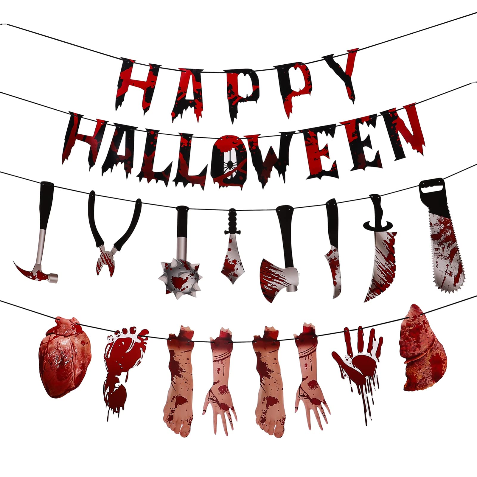 Scary Halloween Blood Garland Banner - Fake Severed Hands & Broken Body Parts Decor for Haunted House, Vampire & Zombie Party Supplies - Perfect for Spooky Indoor/Outdoor Halloween Decorations