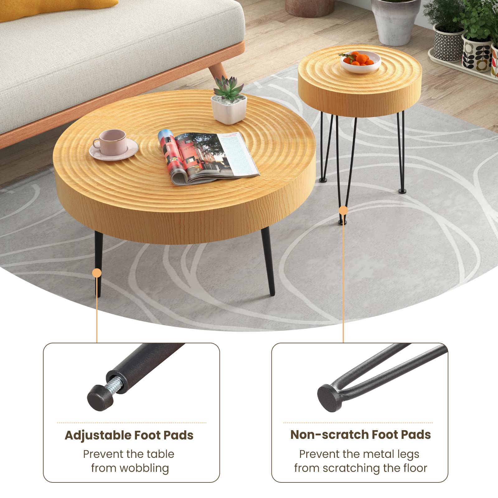 GOFLAME Round Coffee Table Set of 2 - Farmhouse Boho End Tables with Natural Wood Finish & Wood Ring Design, Solid Wood Nesting Side Tables with Sturdy Metal Legs & Adjustable Foot Pads - Perfect for Living Room, Bedroom, Dorm or Office Decor