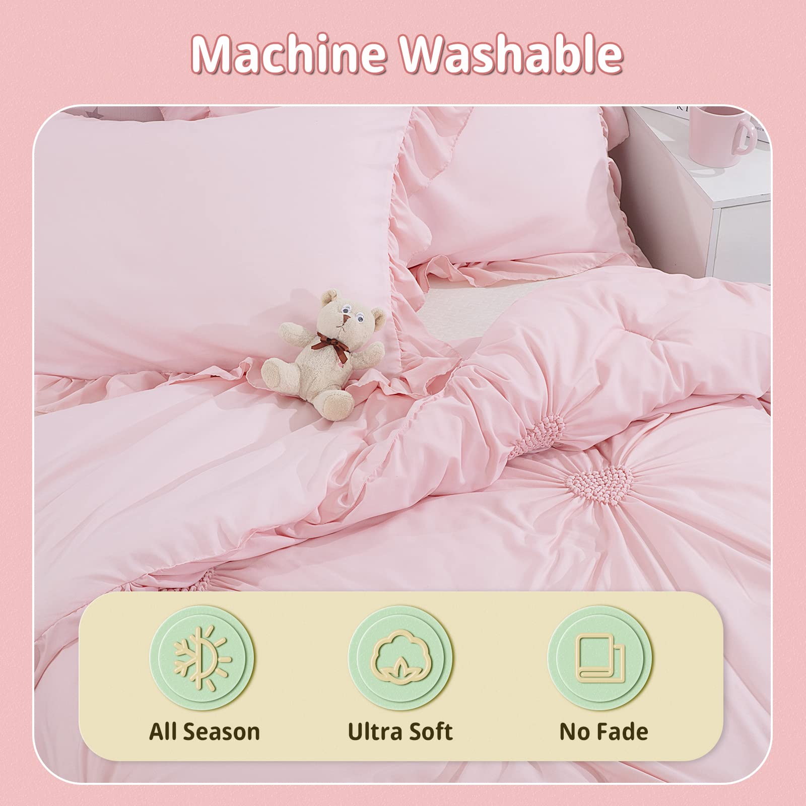 HOMBYS Pink Comforter Set for Girls - 3 Piece Blush Pinch Pleat Bedding with Ruffles, Full/Queen Size, All Season Soft & Cozy - Perfect for Kids Bedroom, Teen Room Decor & Gift Ideas