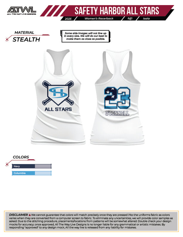 Safety Harbor All Stars Women's White Racerback Sublimated Jersey - Perfect for Running, Workouts & Team Sports
