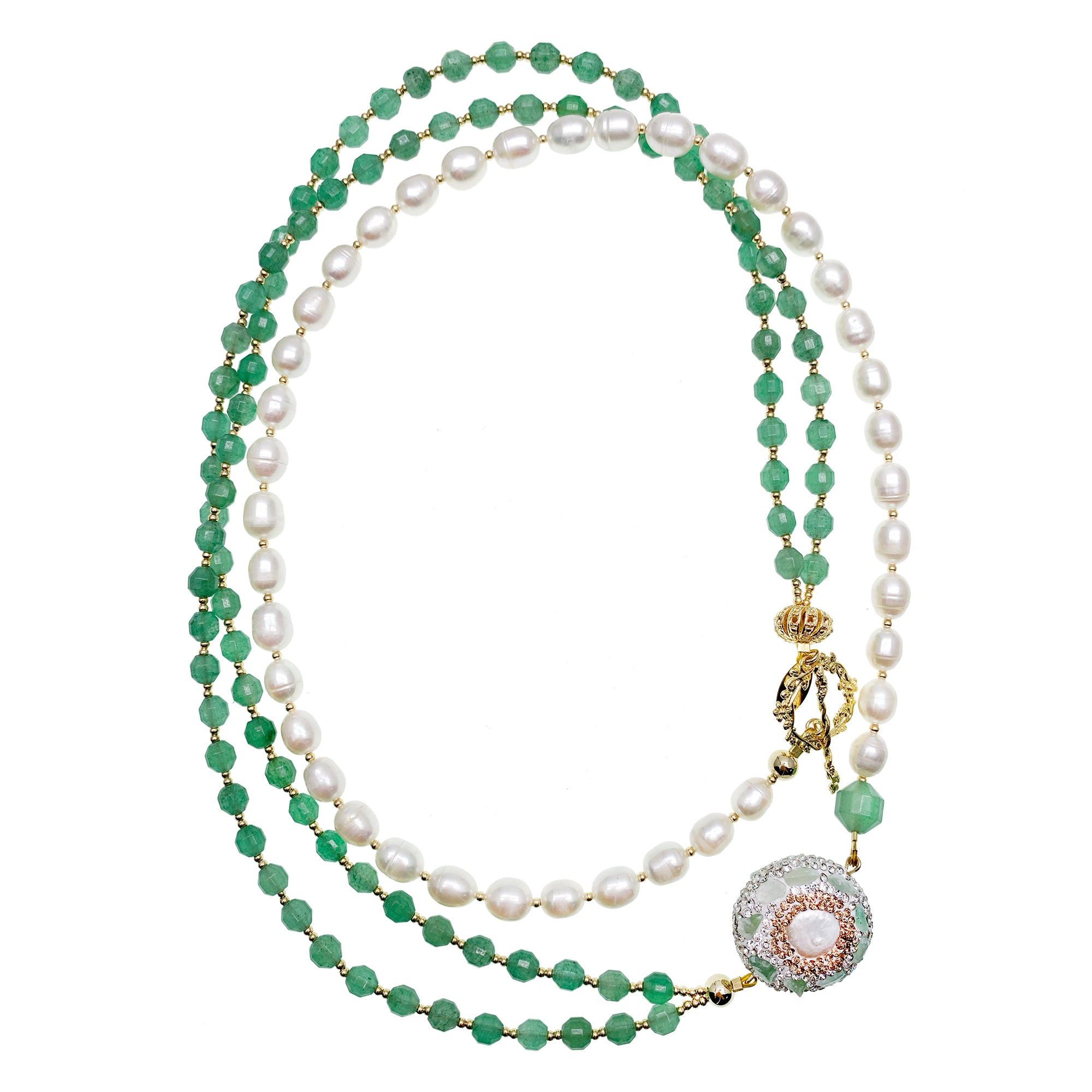 Elegant Green Aventurine & Pearl Rhinestone Long Necklace HN016 | Perfect for Weddings, Parties & Special Occasions