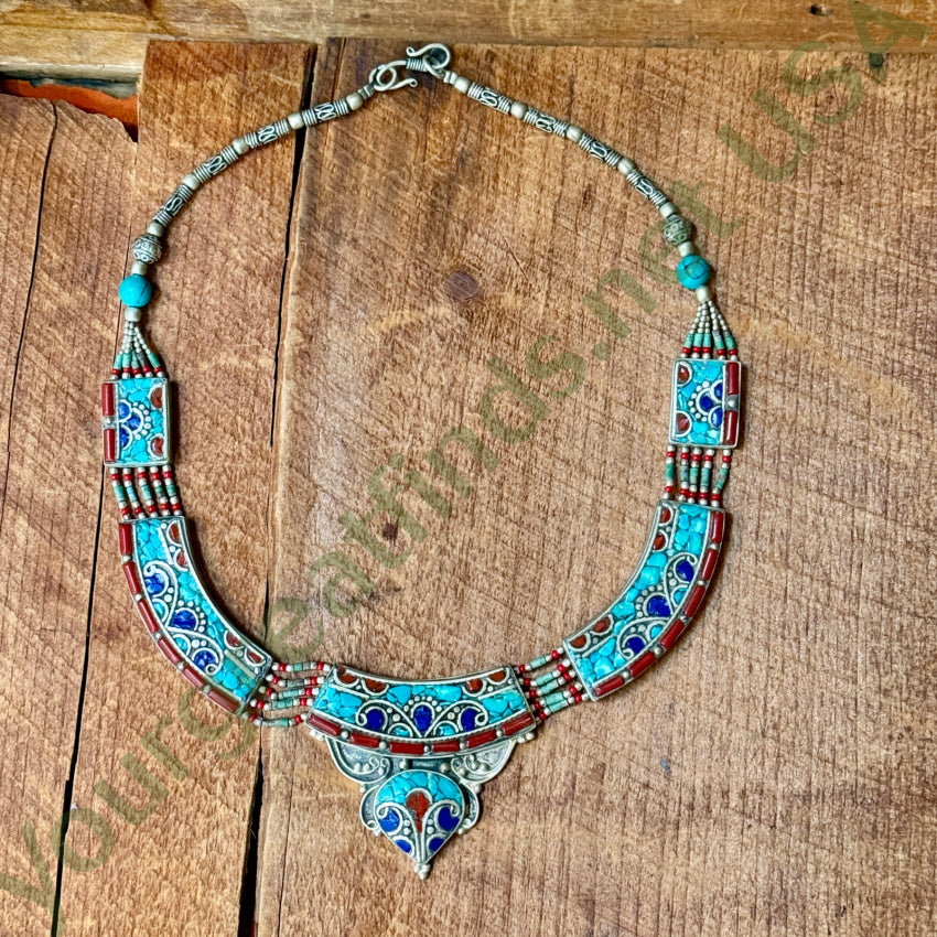Handmade Tibetan Alpaca Silver Necklace with Turquoise & Coral Beads - Elegant Boho Jewelry for Women, Perfect for Festivals, Weddings & Special Occasions