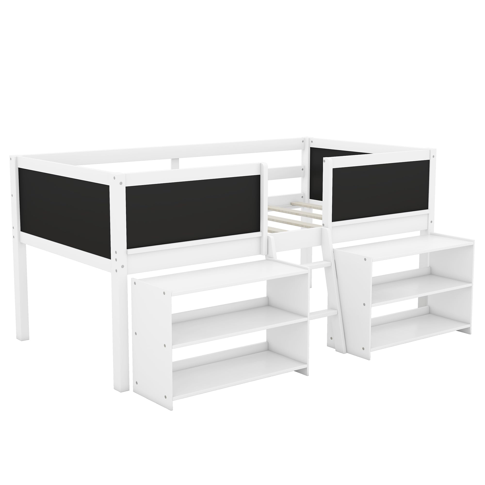 Harper & Bright Designs White Wooden Low Twin Size Kids Loft Bed with Movable Shelves, Storage Ladder & Chalkboard Guardrail - Space-Saving Bed Frame for Boys & Girls - Perfect for Small Bedrooms, Dorm Rooms & Kids' Rooms