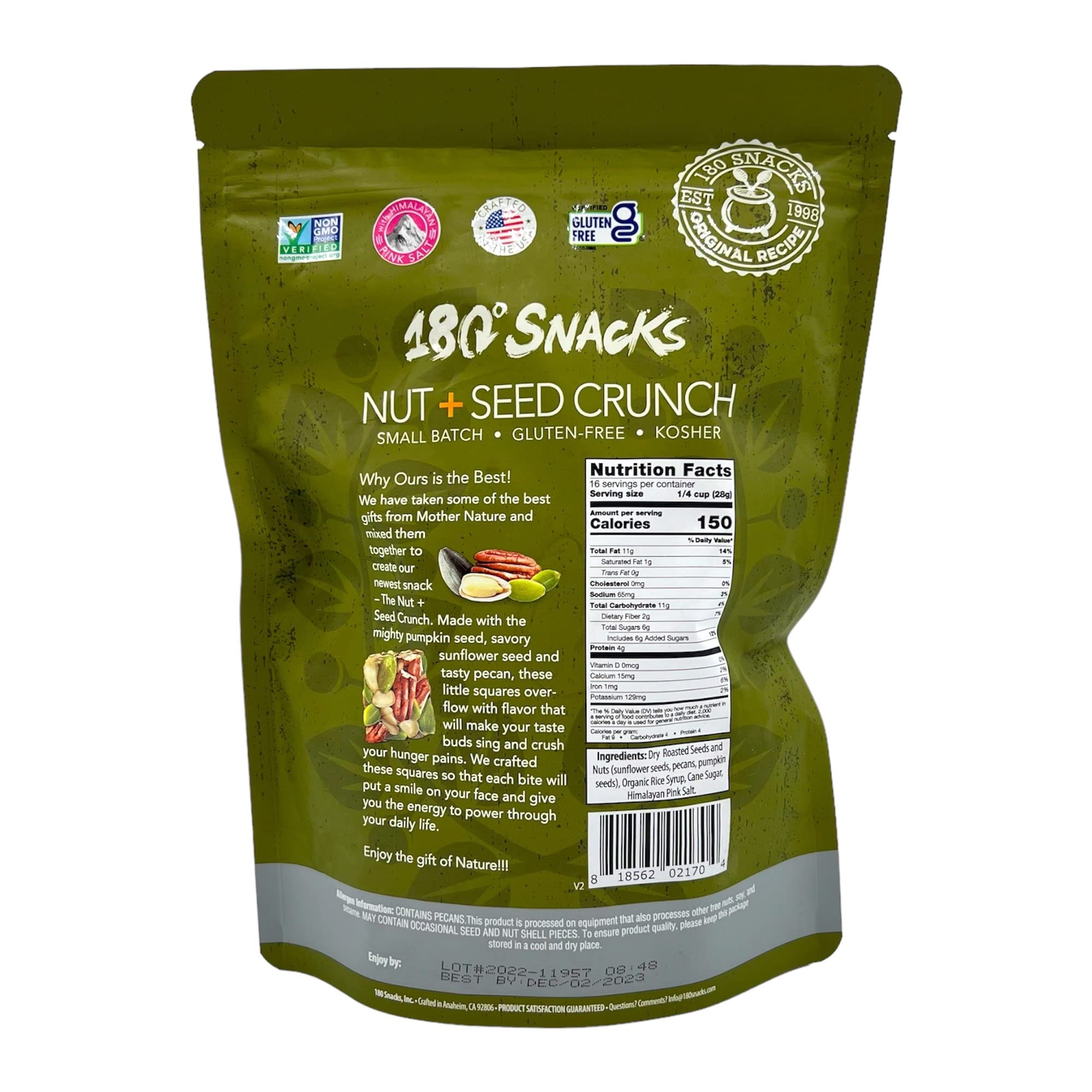 180 Snacks Nut & Seed Crunch Mix - Sunflower Seeds, Pecans, Pumpkin Seeds - 16oz Resealable Bag - Healthy Keto Snacks for Work, Hiking & On-the-Go