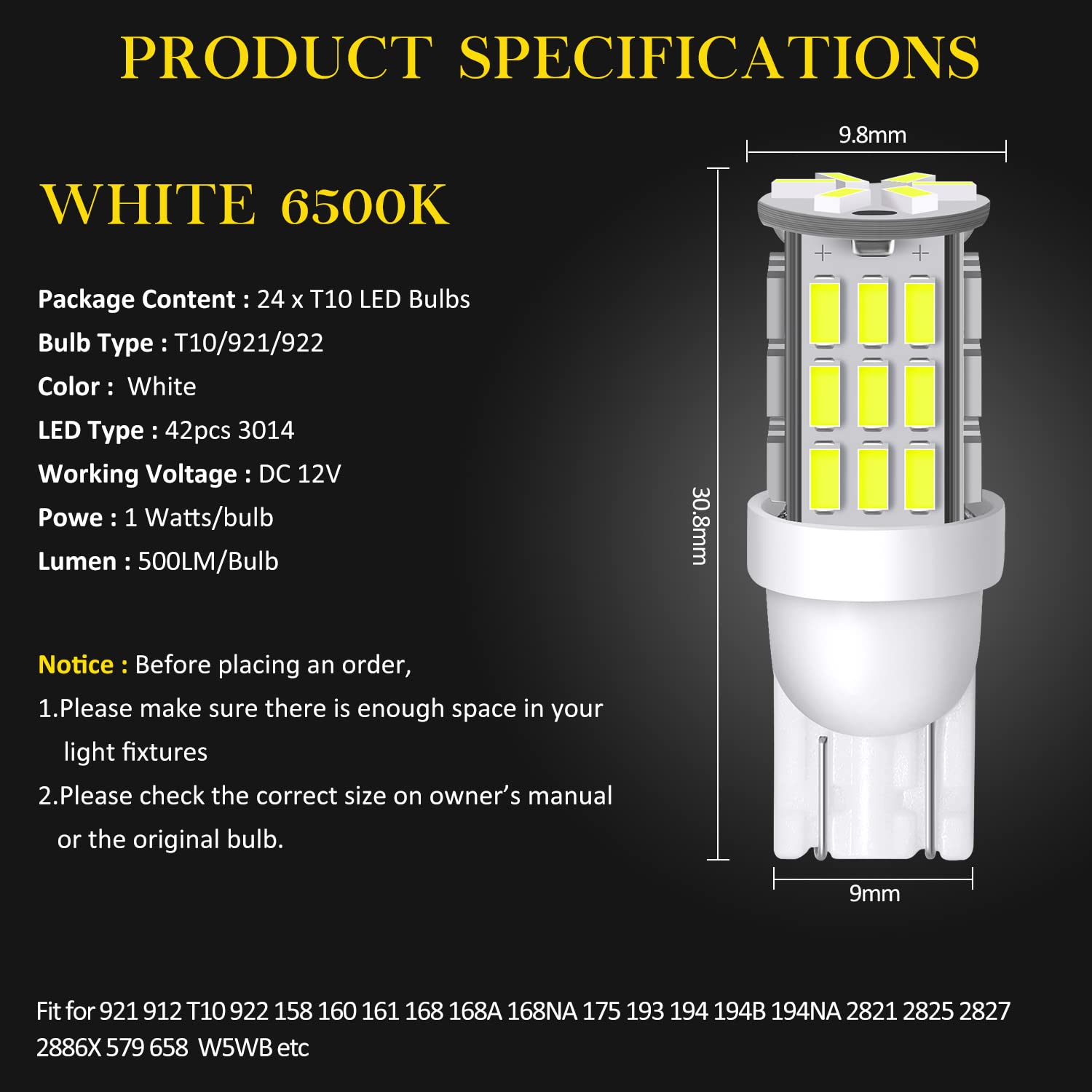 Super Bright T10 921 194 168 LED Bulbs - 42-SMD 3014 LED Replacement for 12V RV, Camper, Trailer, Boat - Interior Dome, Map, License Plate & Backup Reverse Lights (White, 24-Pack) - Perfect for Night Driving, Camping & Marine Applications