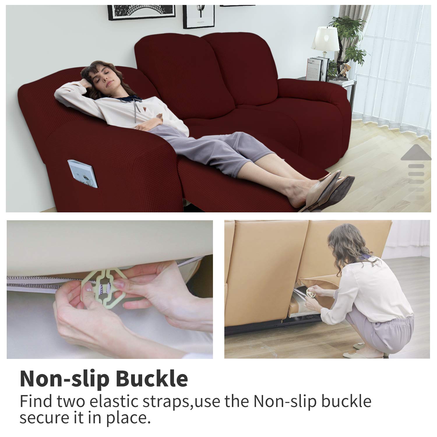 8-Piece Recliner Sofa Slipcover Set - Stretchable Furniture Protector with Elastic Bottom - Spandex Jacquard Fabric with Small Checks Design - Perfect for Kids, Pets & Wine Spills - Ideal for Living Room, Family Room & Home Theater Use