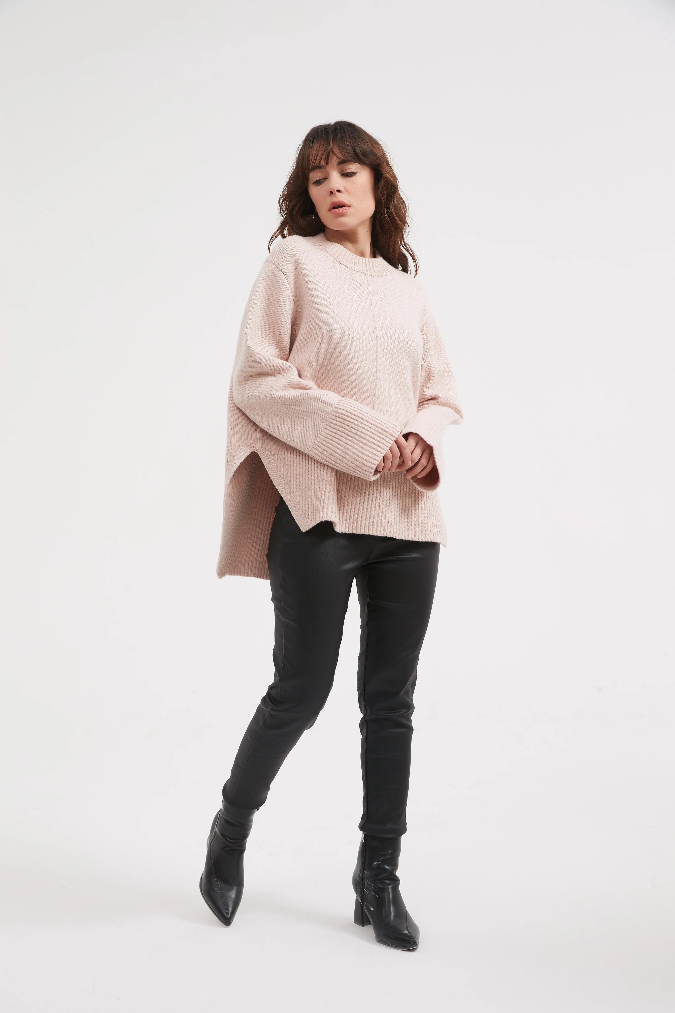 Champagne Pink Deep Split Knit Sweater - Elegant & Stylish for Casual Outings & Date Nights