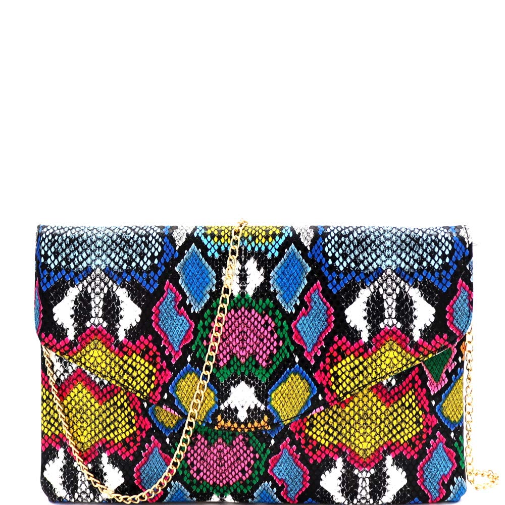 Snake Print Leather Envelope Clutch Purse with Detachable Crossbody Chain Strap - Women's Fashion Handbag for Evening Party, Wedding & Night Out