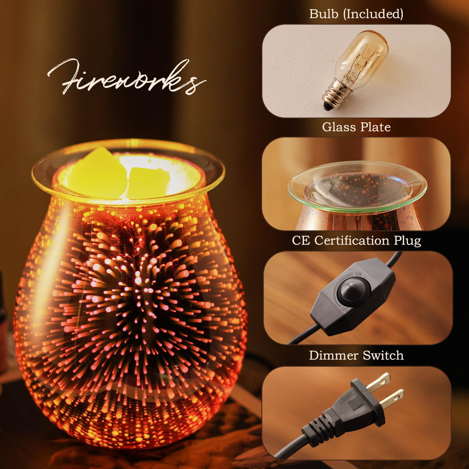 Porseme Rose Gold Electric Wax Warmer - 3D Glass Firework Effect Candle Wax Melter with Dimmer, Fragrance Oil Diffuser for Home, Office, Bedroom | Aromatherapy, Relaxation & Home Decor Gift Idea