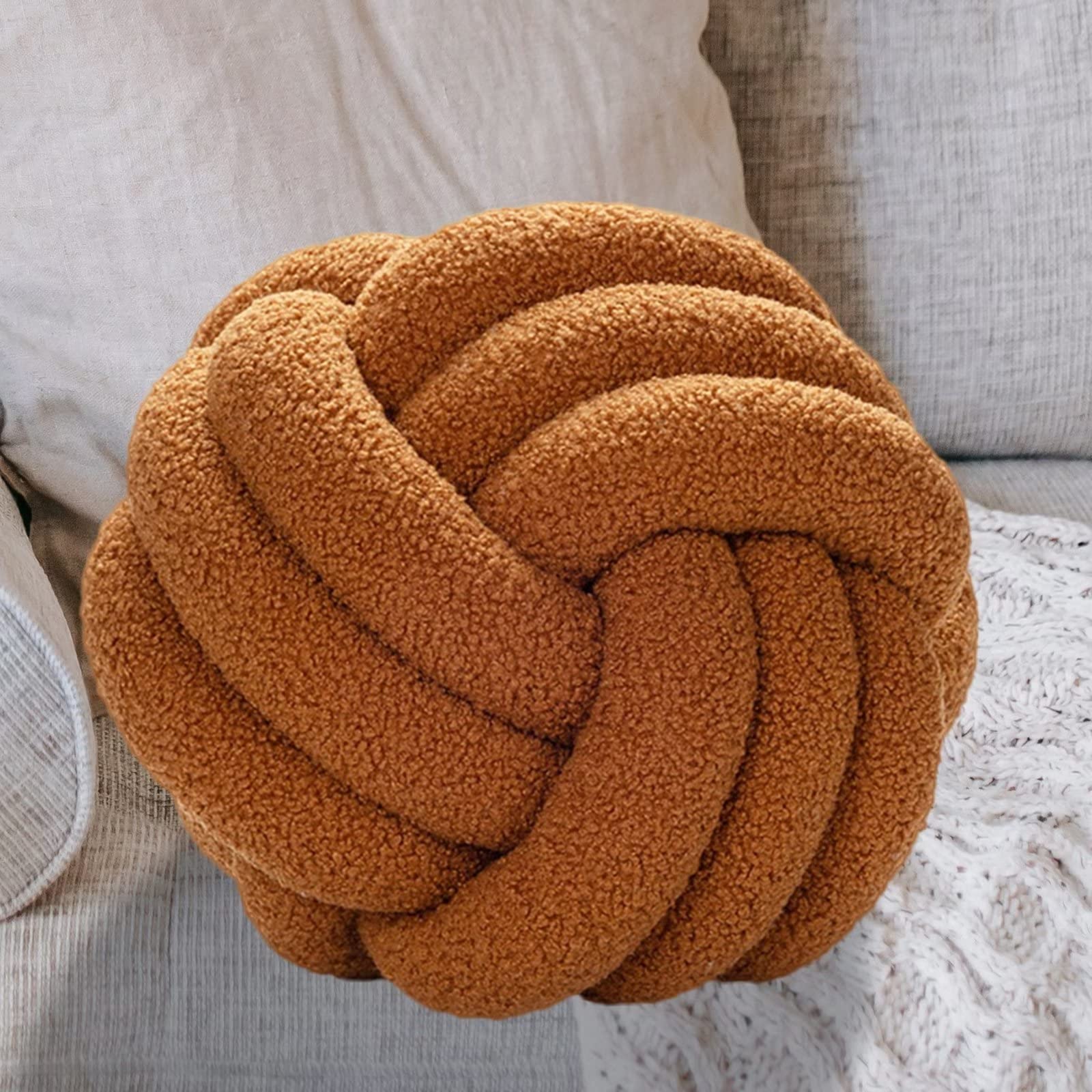 Wadser Fleece Knot Pillow Ball Boucle Throw Pillows - Soft Decorative Knotted Plush Pillow Cushion for Bedroom, Sofa, Couch - Cozy Home Decor Accent (Caramel, 8.6 Inch) | Perfect for Living Room, Nursery & Reading Nook