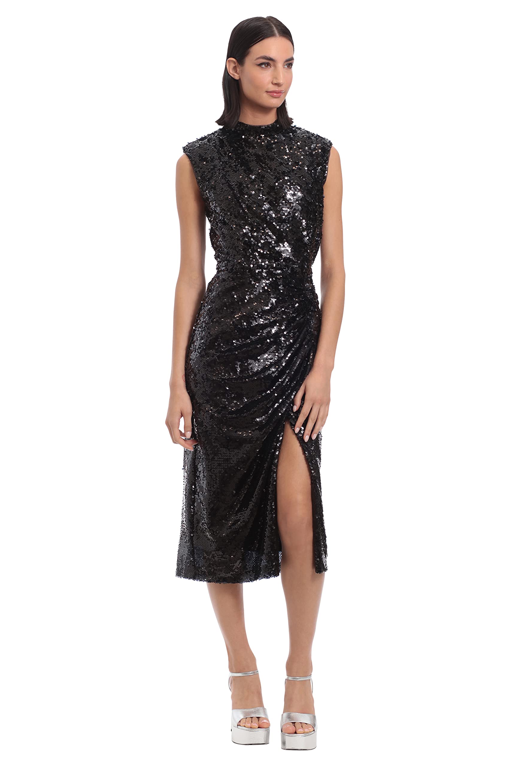 Donna Morgan Women's Sequin Mock Neck Midi Dress with Thigh High Slit - Elegant Evening Gown for Parties, Weddings & Special Occasions