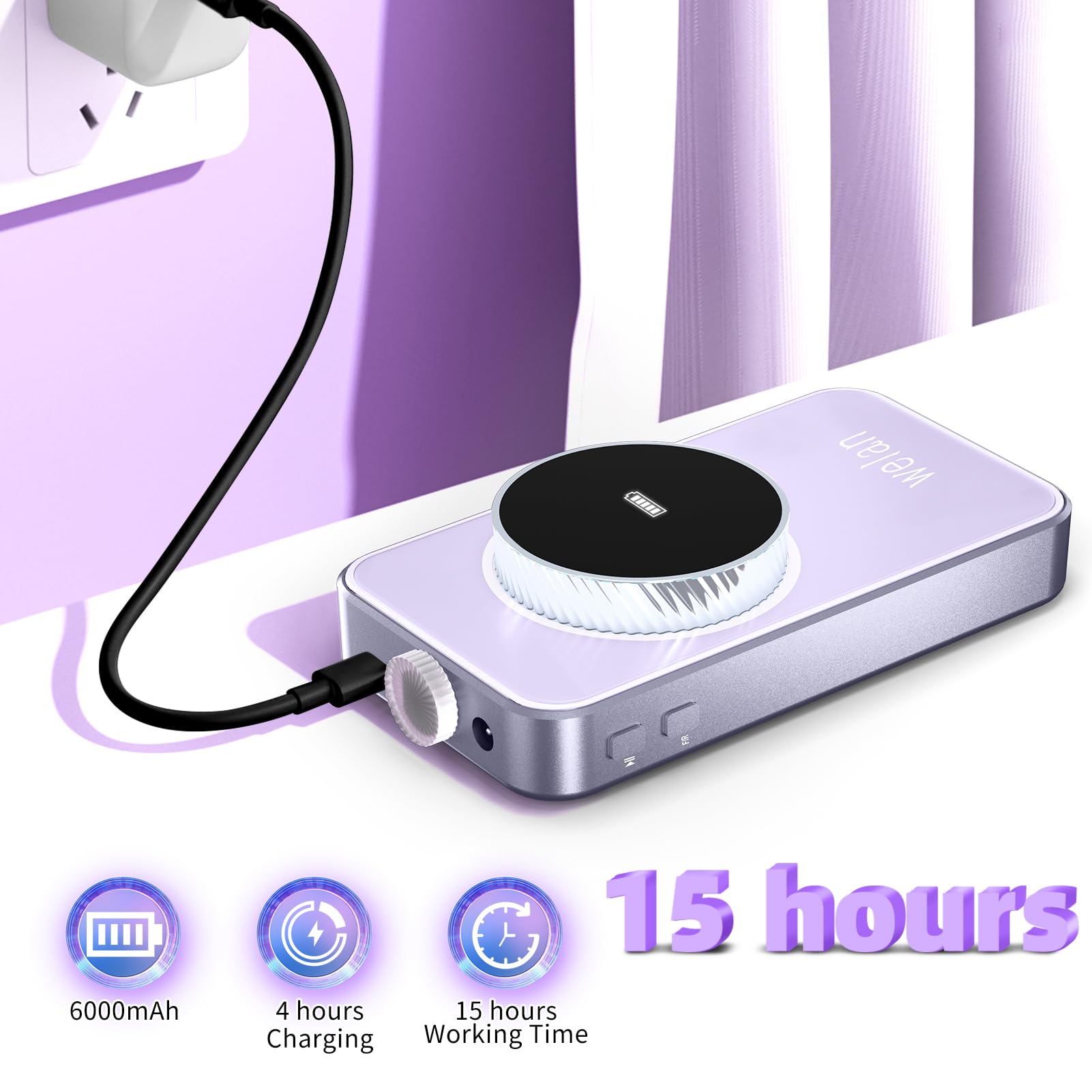 Professional Electric Nail Drill Kit - 50000RPM Portable Nail File with 6000mAh Rechargeable Battery for Acrylic & Gel Nails | Manicure Pedicure Polishing Machine for Salon & Home Use (Purple) | Perfect for DIY Nail Art & Professional Nail Care