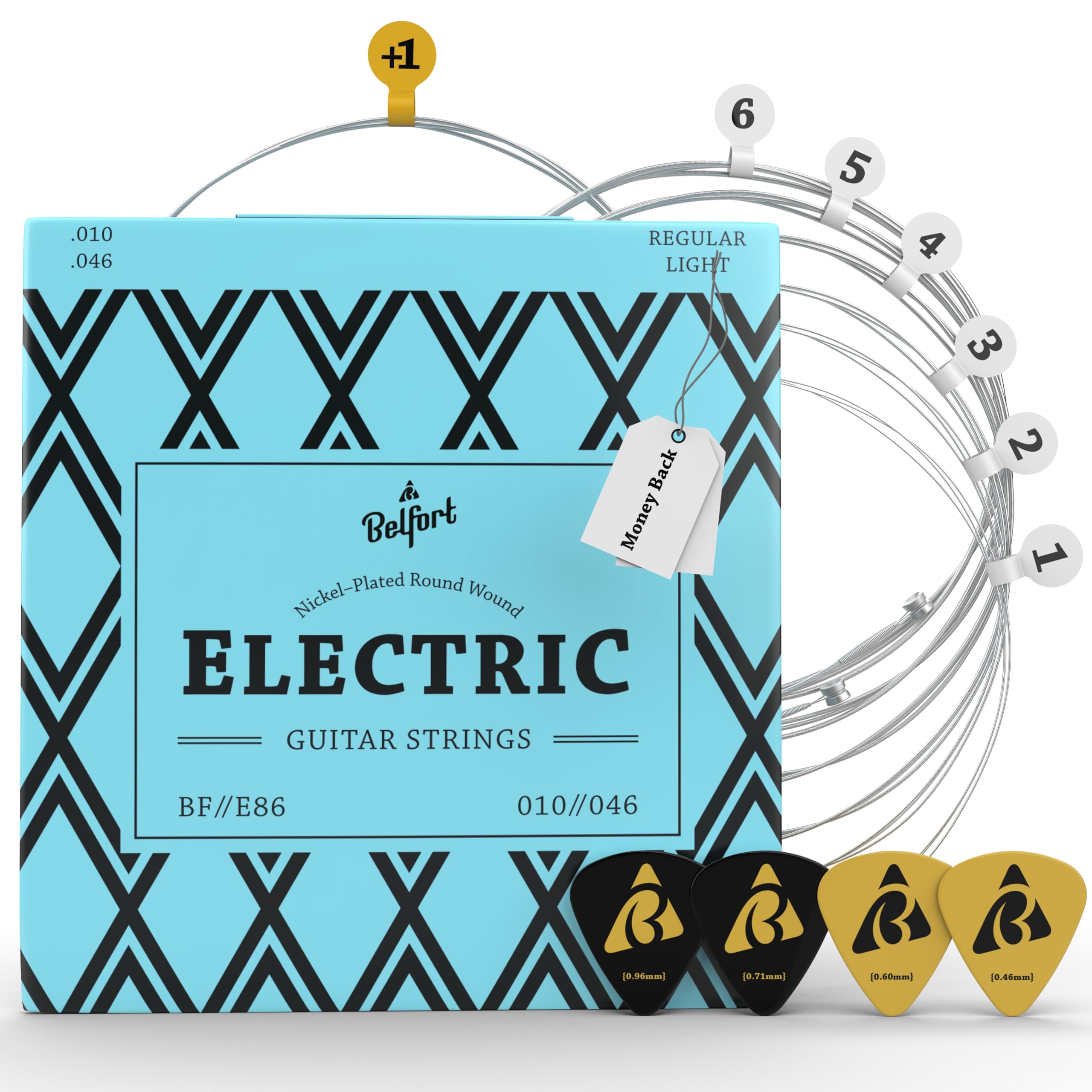 BELFORT® 10-46 Gauge Nickel Steel Electric Guitar Strings (6-String Set) with 4 Picks & Extra 1E String - Perfect for Rock, Blues & Live Performances - Guitar Accessories & Replacement Parts