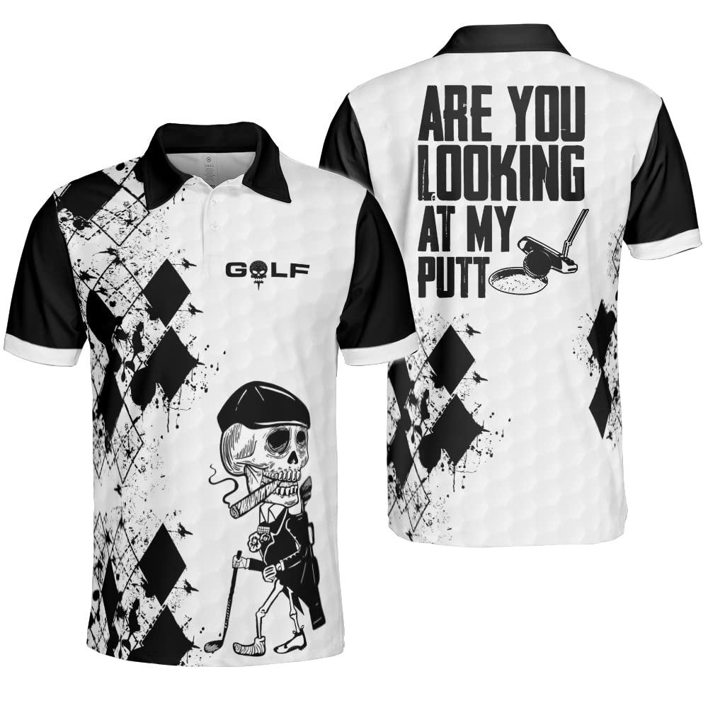 Polomore Men's Skull Print Golf Polo Shirt - Funny & Edgy Swing Swear Design for Casual Wear, Golfing & Outdoor Activities