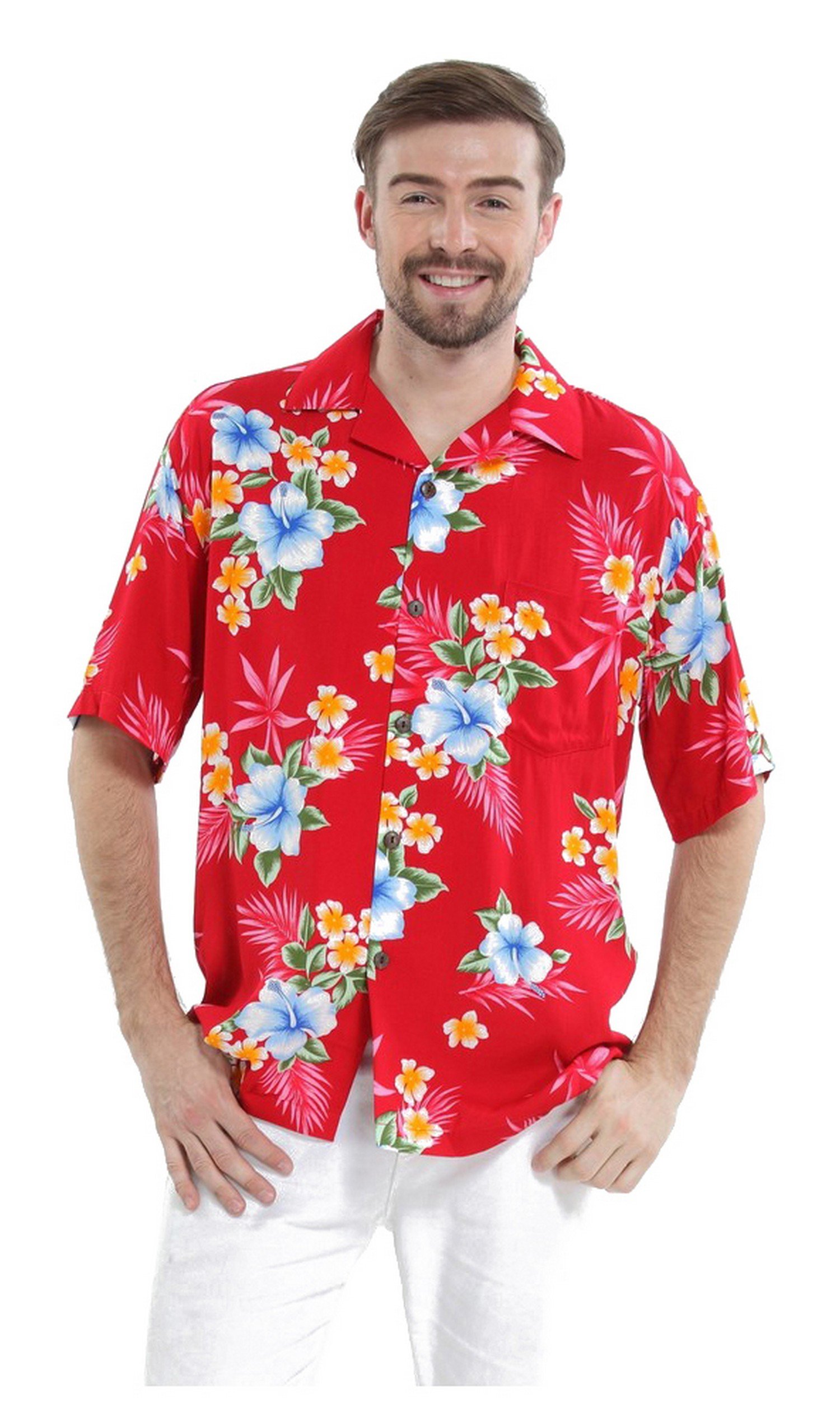 Hawaiian Aloha Shirt for Men - Red Hibiscus Print Short Sleeve Button Down Shirt | Beach Party, Summer Vacation & Tropical Theme Outfit
