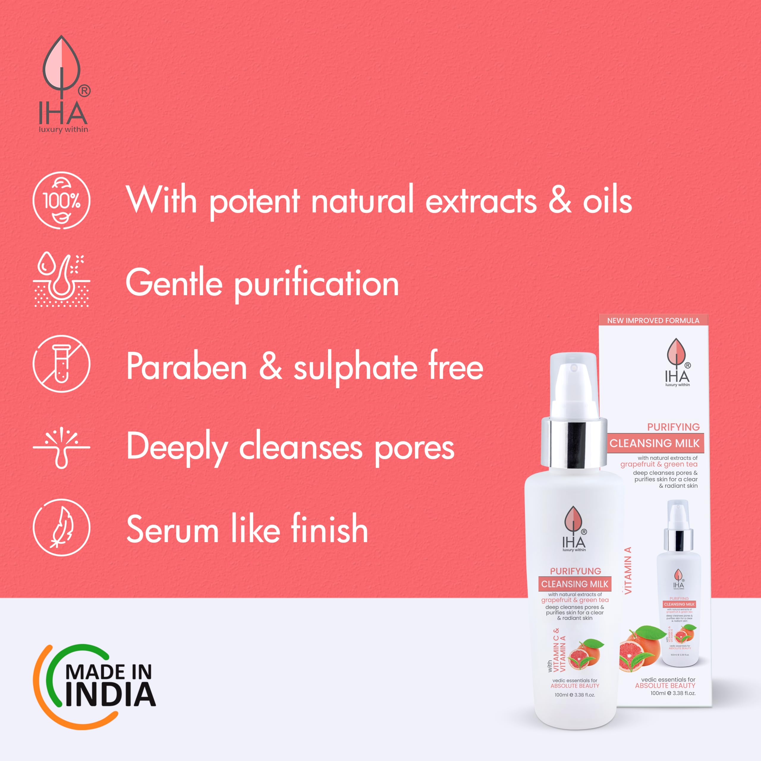 IHA Purifying Herbal Cleansing Milk - Gentle Deep Pore Face Cleanser with Olive, Grape & Green Tea Extract | Hydrating Facial Wash for Dry, Oily & Sensitive Skin | 100ml | Daily Skincare & Makeup Removal
