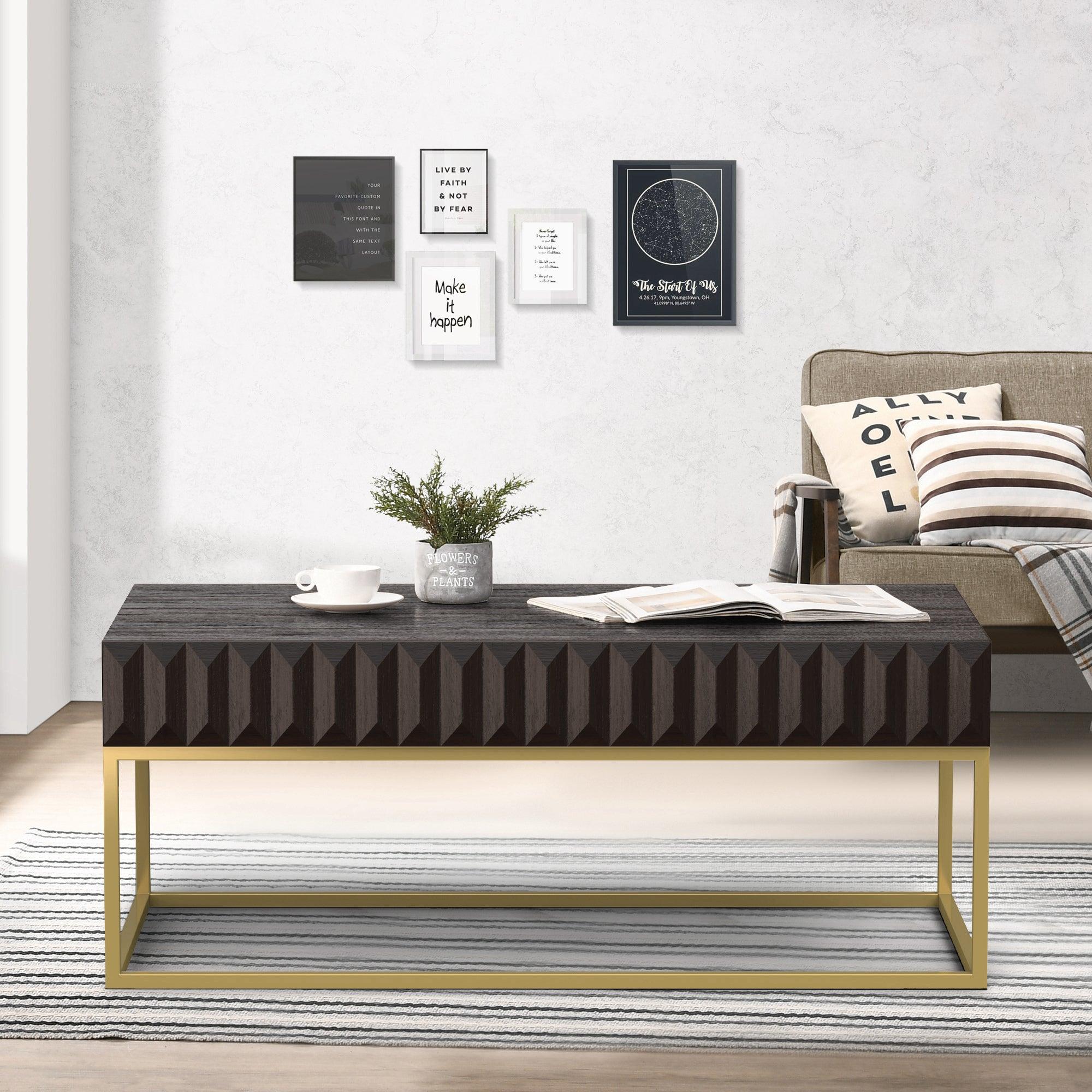 Walnut & Gold Textured Coffee Table with Hidden Drawers - Modern Living Room Furniture for Small Spaces & Home Decor