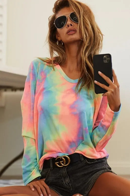 BiBi Tie Dye French Terry Long Sleeve Knit Top - Soft Casual Women's Pullover Sweatshirt for Fall & Winter | Lounge, Streetwear, Layering Outfits